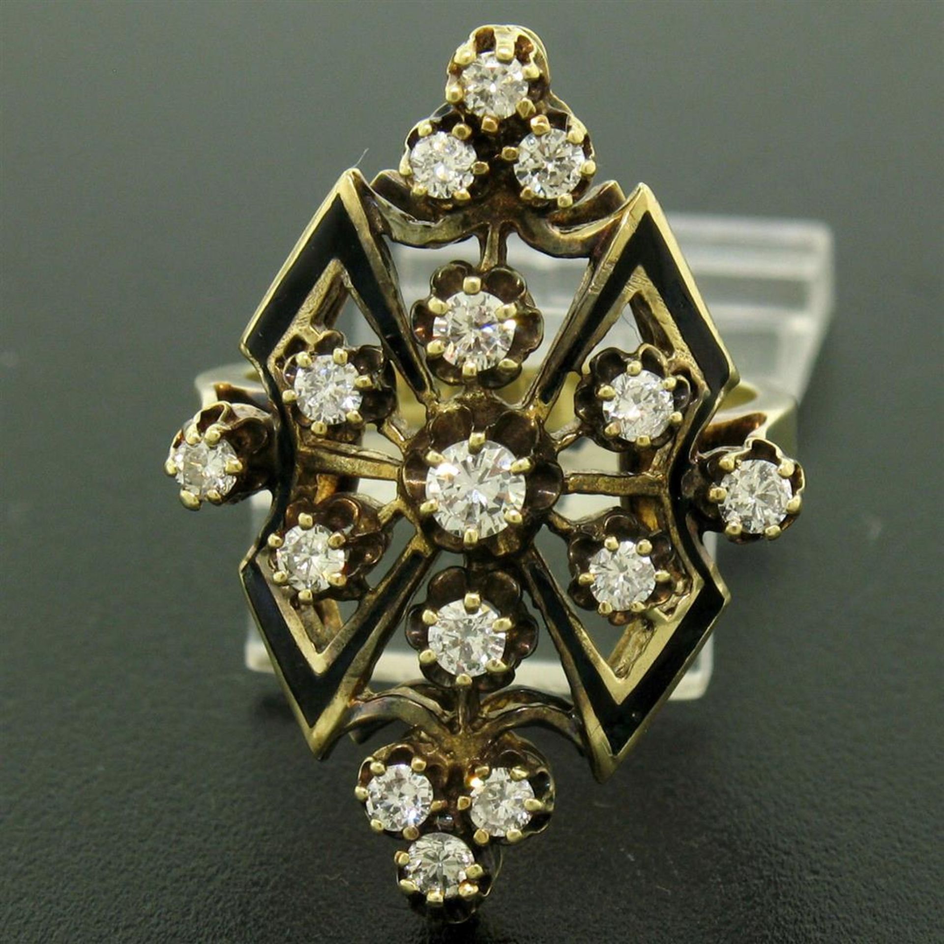 14k Yellow Gold .90 ctw Round Diamond Black Enamel Marquise Cocktail Ring - Image 2 of 8