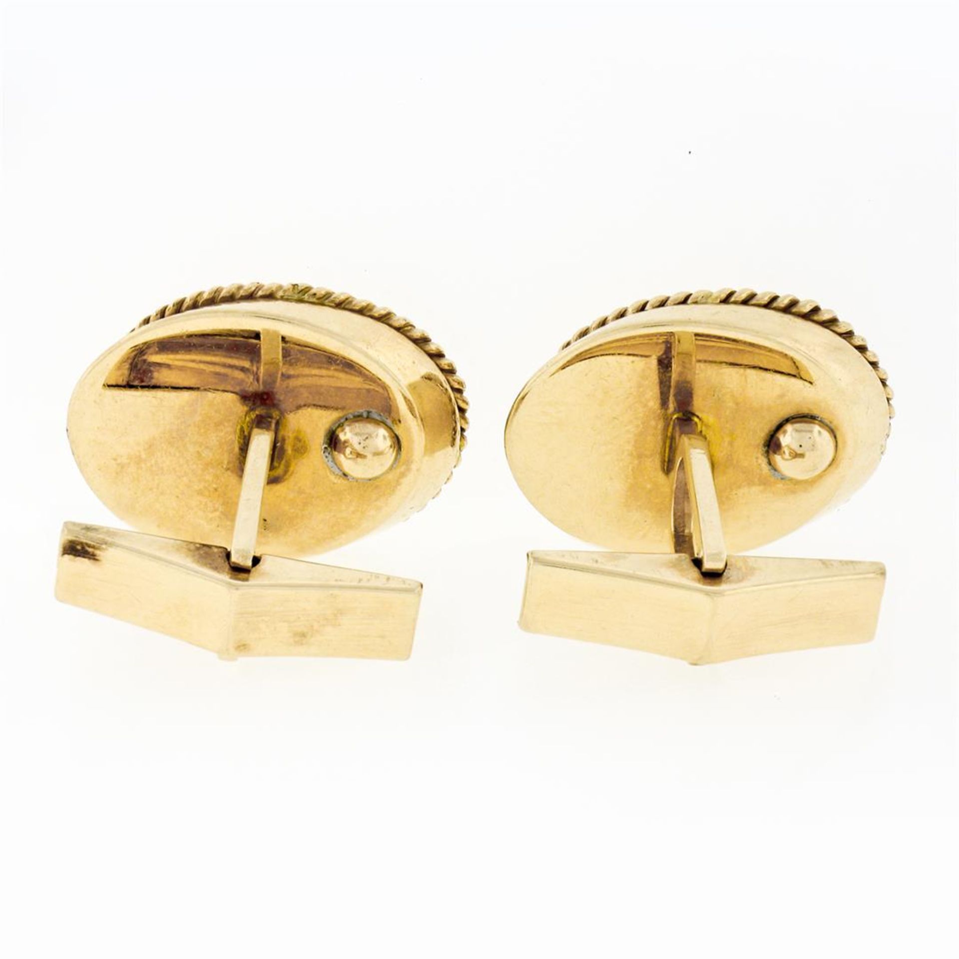 Vintage Men's 14K Yellow Gold Jade Disc Oval Florentine Twisted Wire Cufflinks - Image 5 of 6