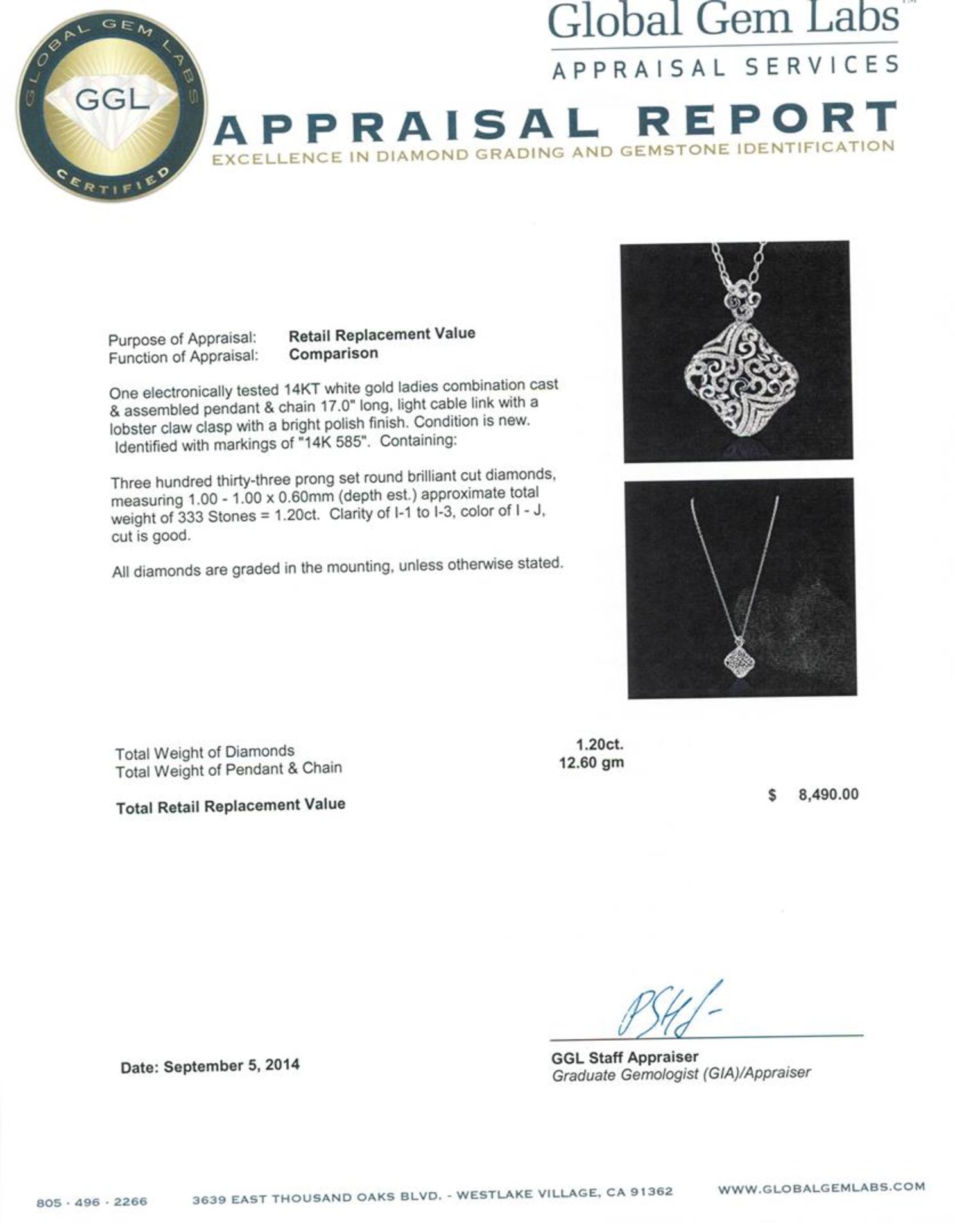 14KT White Gold 1.20 ctw Diamond Pendant With Chain - Image 3 of 3