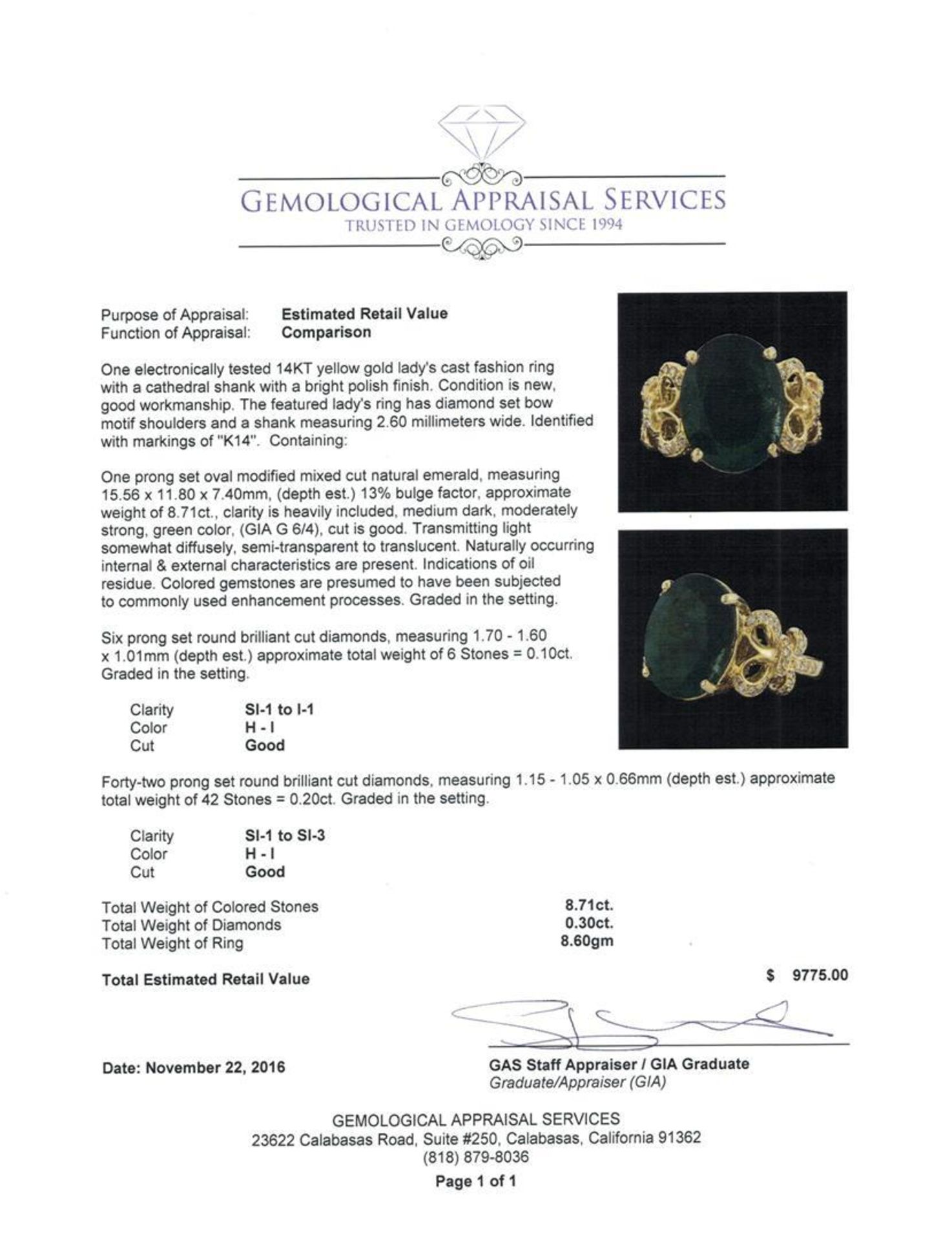 8.71 ctw Emerald and Diamond Ring - 14KT Yellow Gold - Image 5 of 5