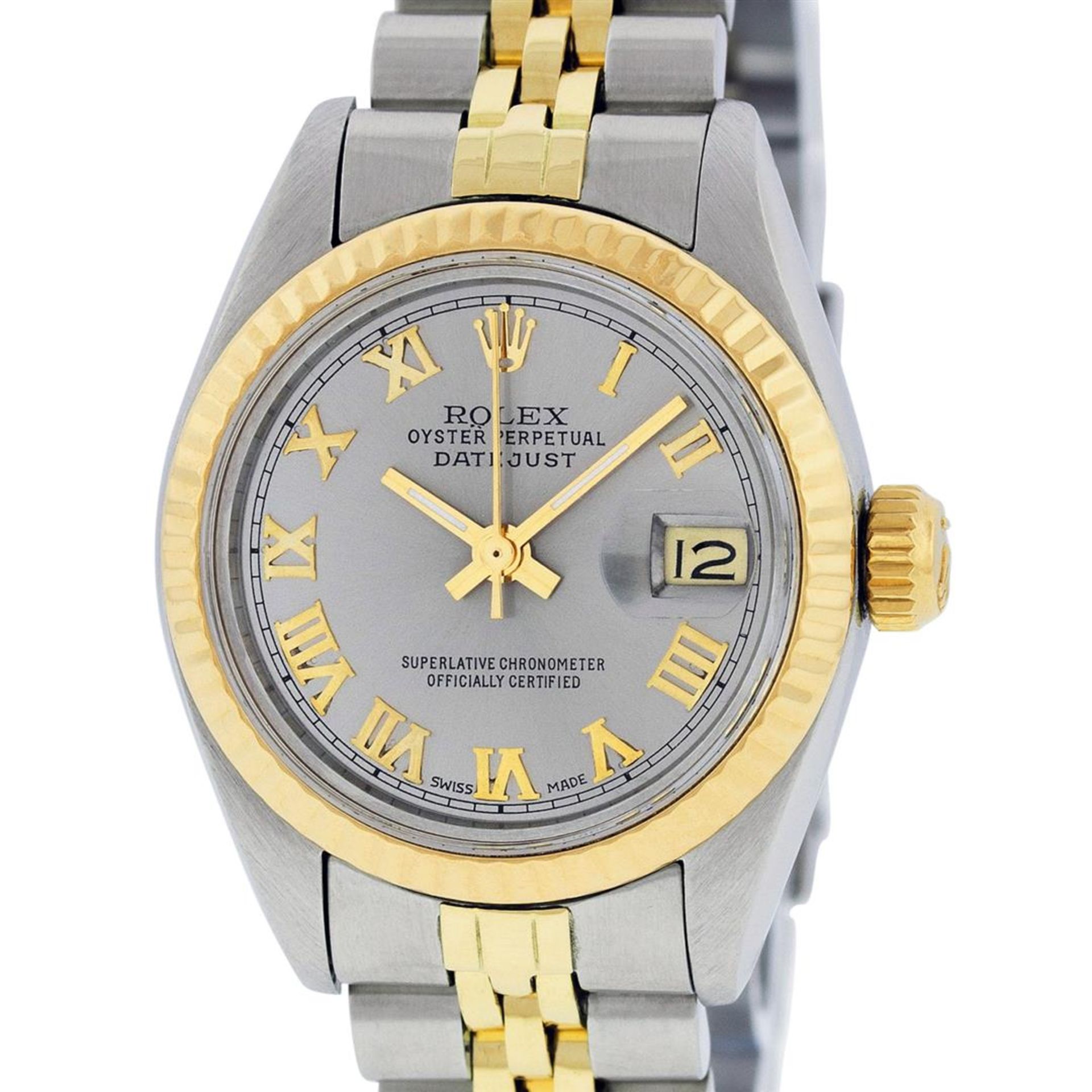 Rolex Ladies 2 Tone Yellow Gold & Stainless Steel Slate Grey Roman Datejust Wris