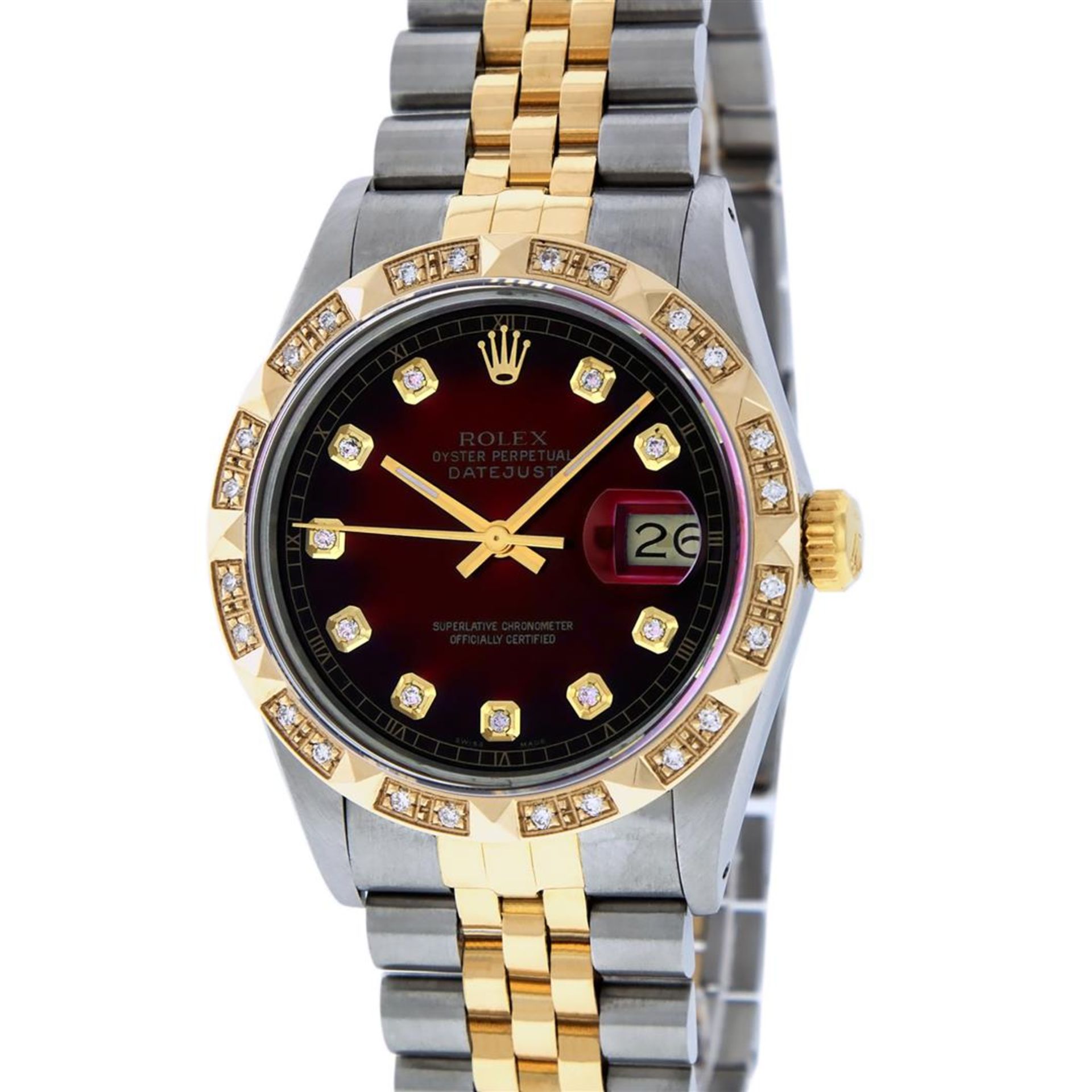 Rolex Mens 2 Tone Red Vignette Pyramid Diamond 36MM Oyster Perpetual Datejust - Image 2 of 9