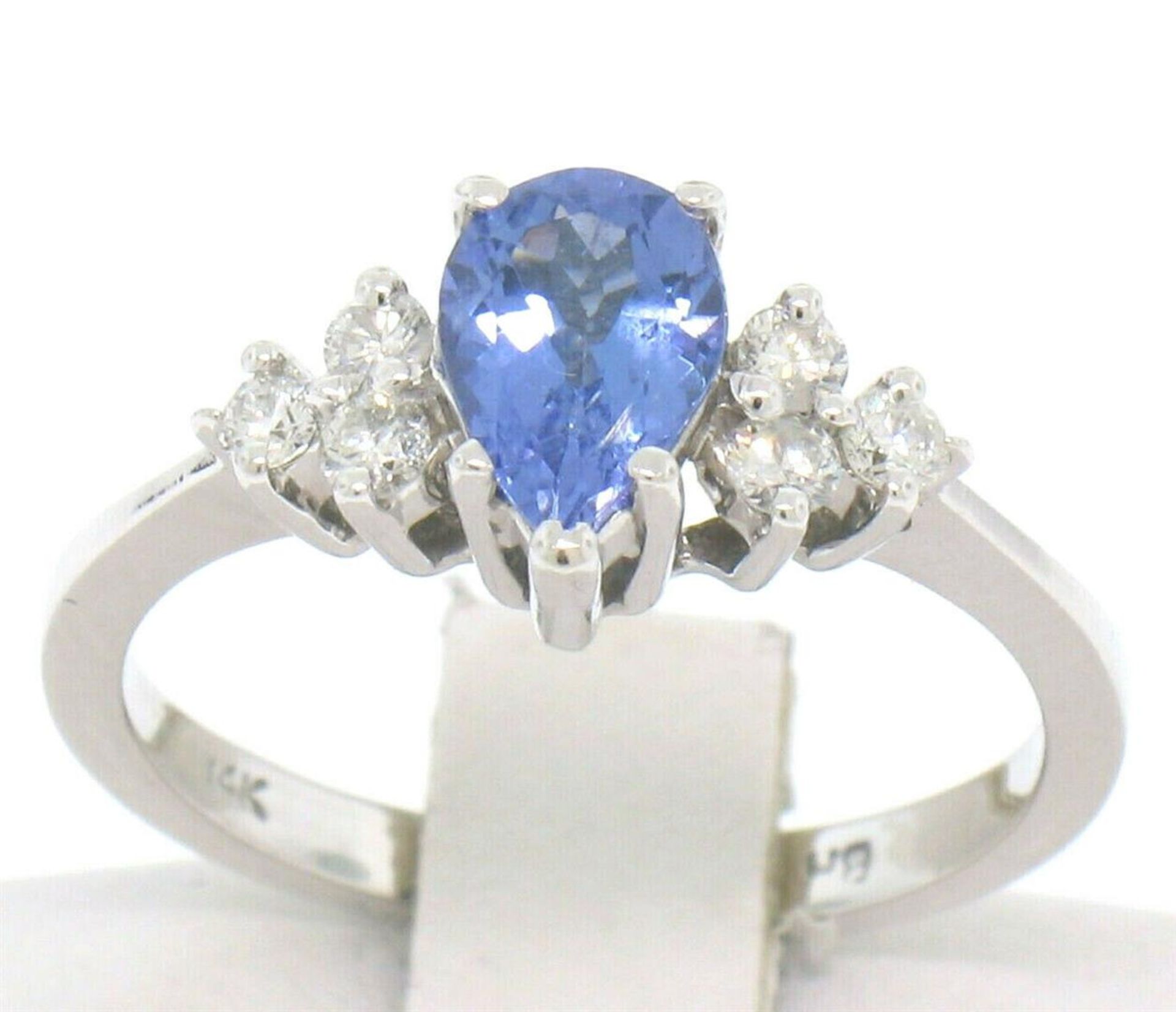 14K White Gold .93 ctw Pear Cut Solitaire Tanzanite & Round Diamonds Accents Rin - Image 3 of 6