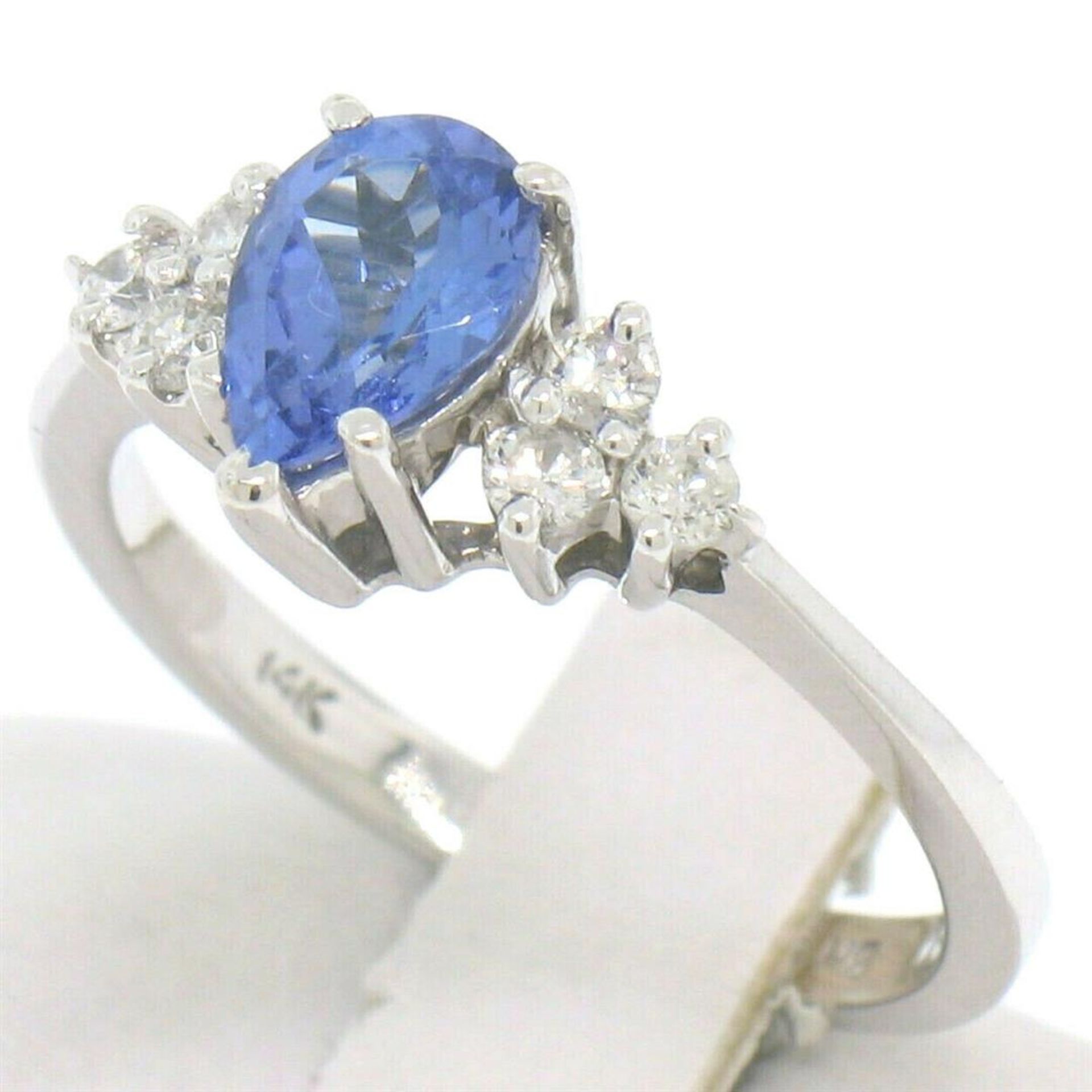 14K White Gold .93 ctw Pear Cut Solitaire Tanzanite & Round Diamonds Accents Rin - Image 4 of 6