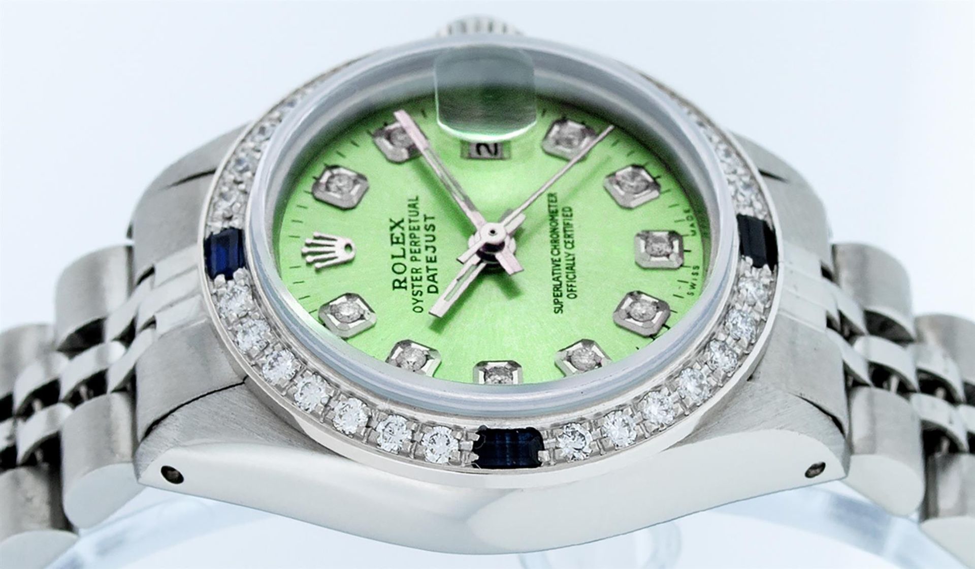 Rolex Ladies Stainless Steel 26 Green Diamond & Sapphire Datejust Wristwatch - Image 4 of 9
