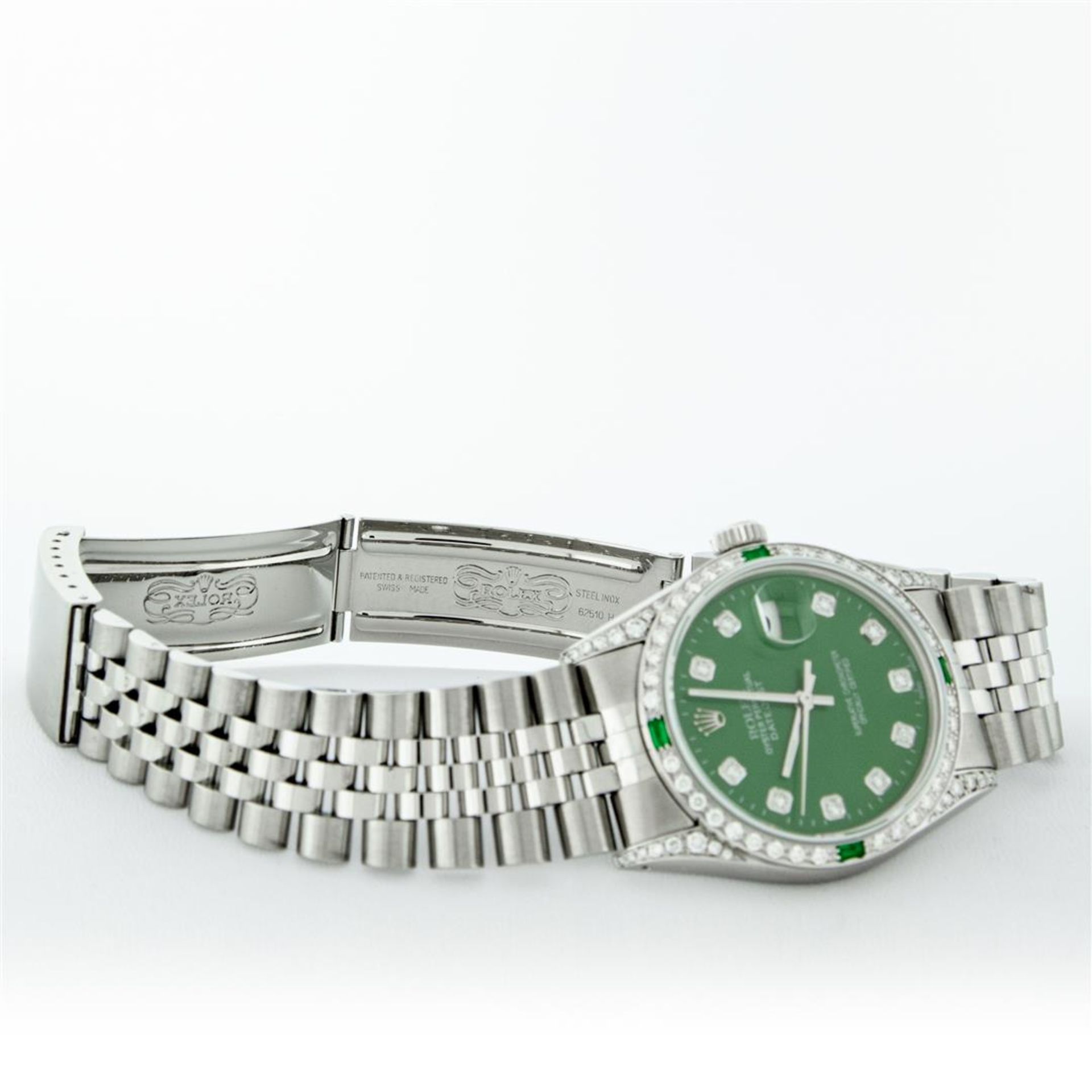 Rolex Mens Stainless Steel Diamond Lugs Green Diamond & Emerald Datejust Wristwa - Image 7 of 9