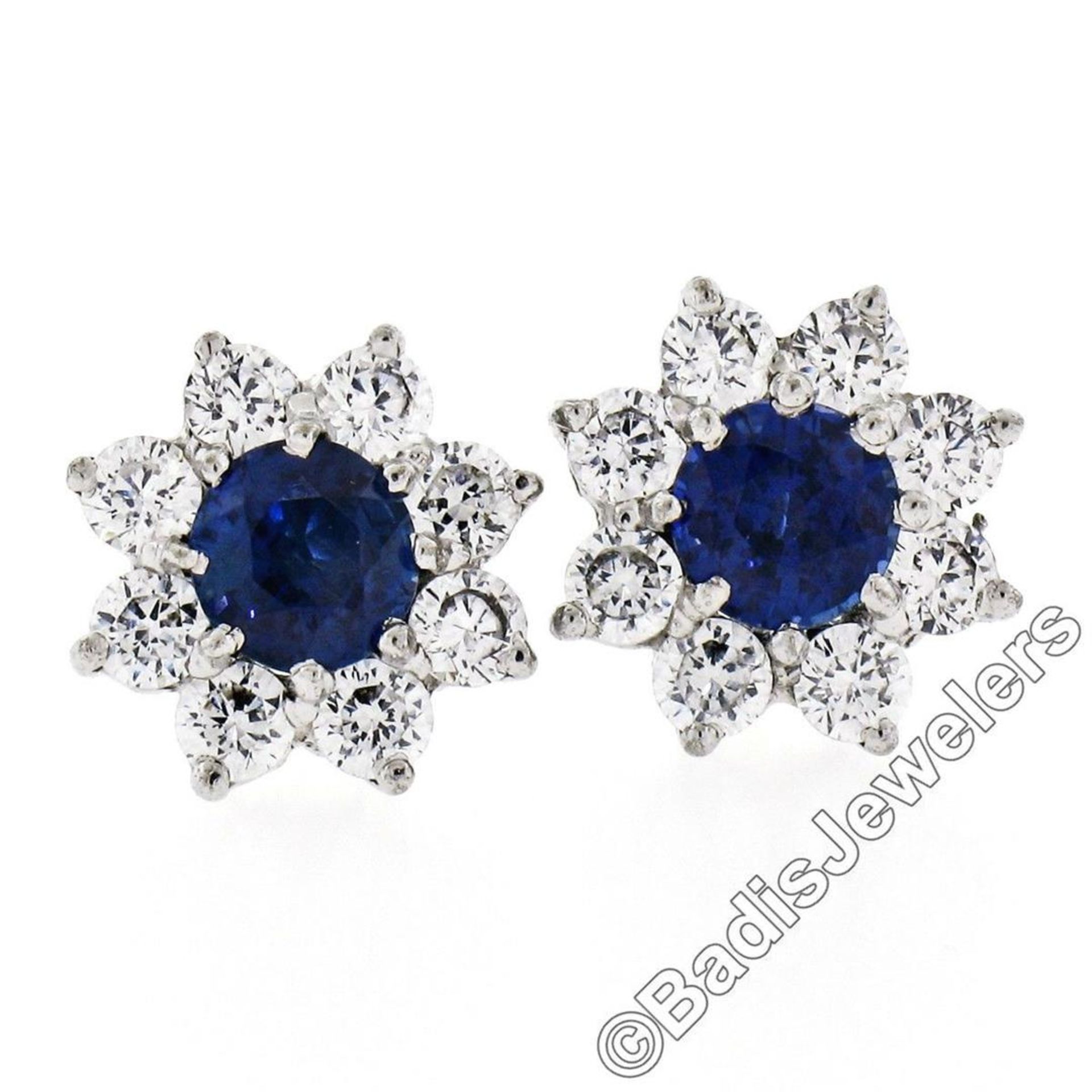 Sterling Silver Blue Crystal & CZ Halo Stud Earrings w/ 14kt White Gold Posts