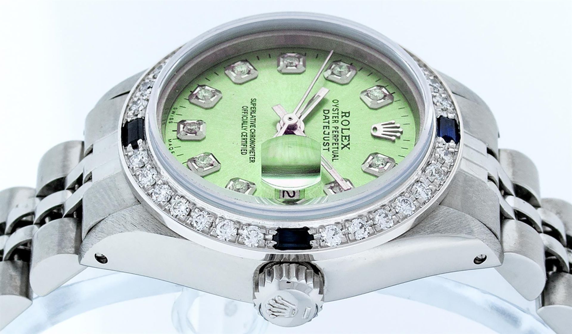 Rolex Ladies Stainless Steel 26 Green Diamond & Sapphire Datejust Wristwatch - Image 3 of 9