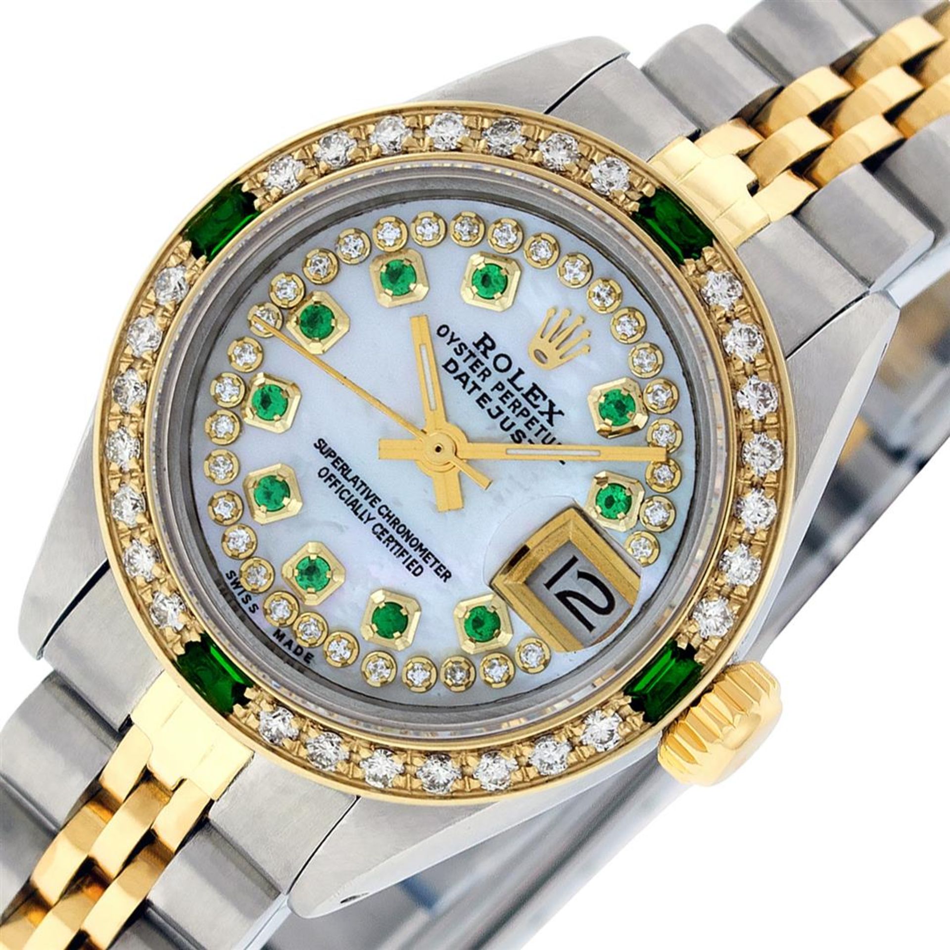 Rolex Ladies 2 Tone MOP Diamond & Emerald Datejust Oyster Perpetual Wristwatch - Image 3 of 9