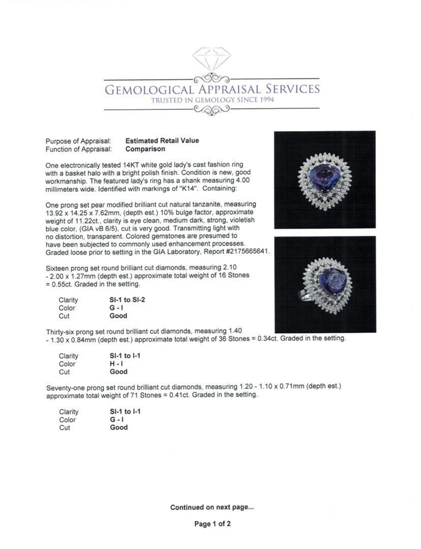 GIA Cert 11.22 ctw Tanzanite and Diamond Ring - 14KT White Gold - Image 5 of 7