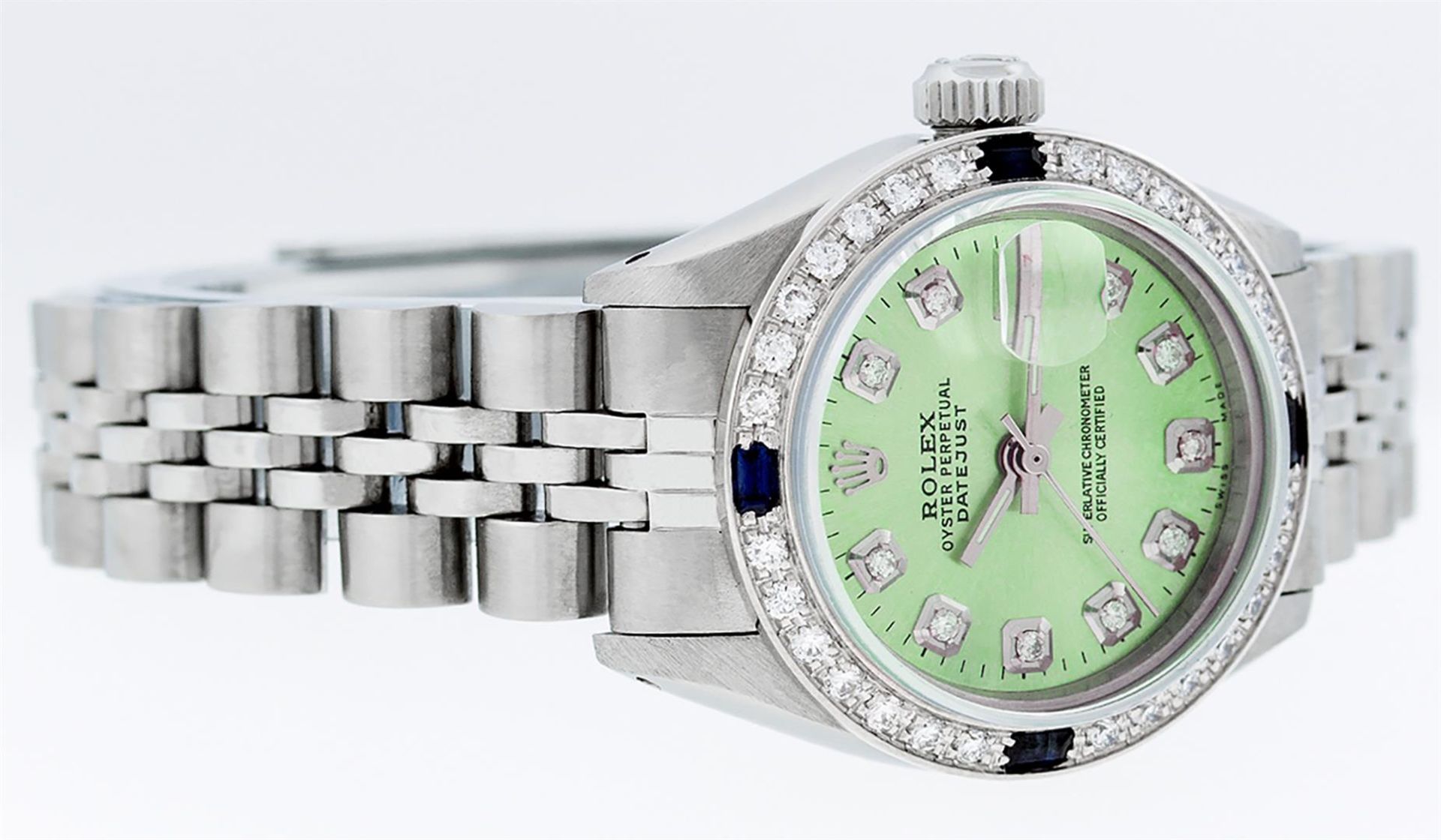 Rolex Ladies Stainless Steel 26 Green Diamond & Sapphire Datejust Wristwatch - Image 5 of 9