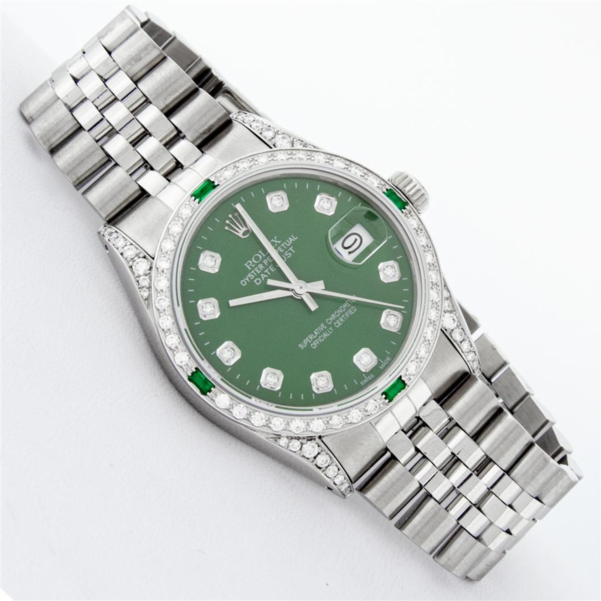 Rolex Mens Stainless Steel Diamond Lugs Green Diamond & Emerald Datejust Wristwa - Image 3 of 9