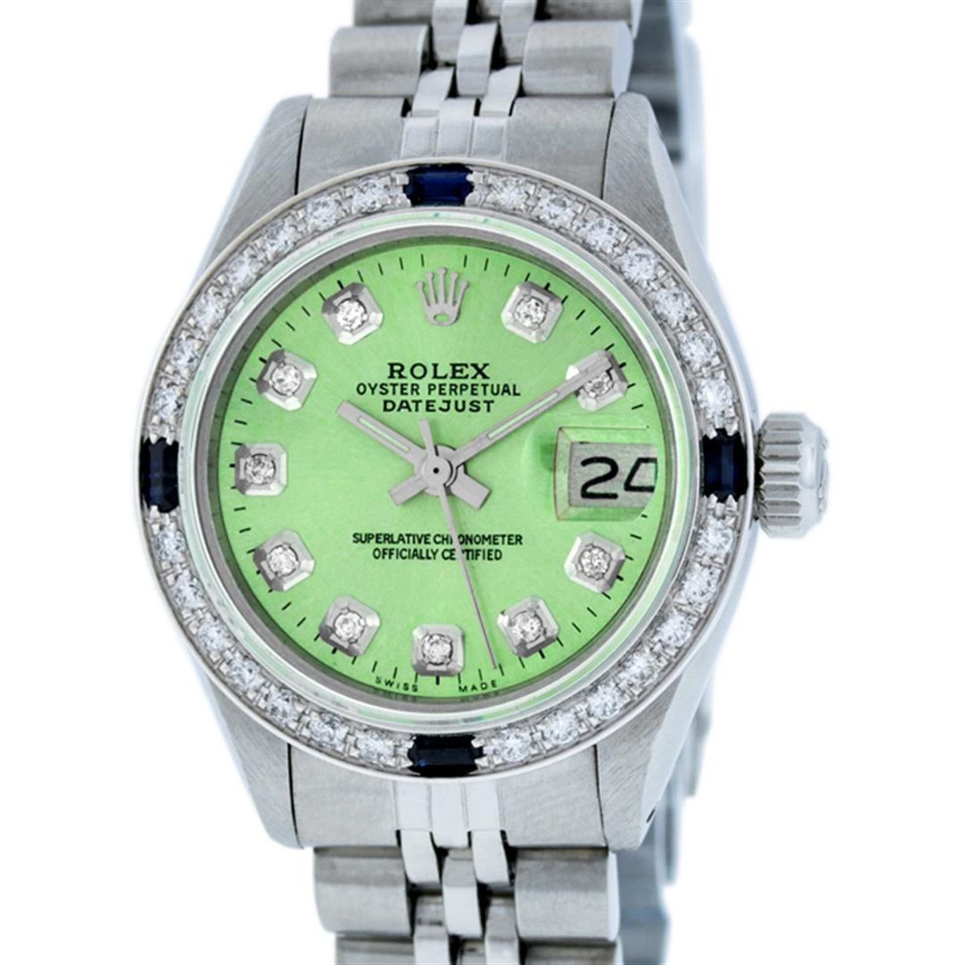 Rolex Ladies Stainless Steel 26 Green Diamond & Sapphire Datejust Wristwatch
