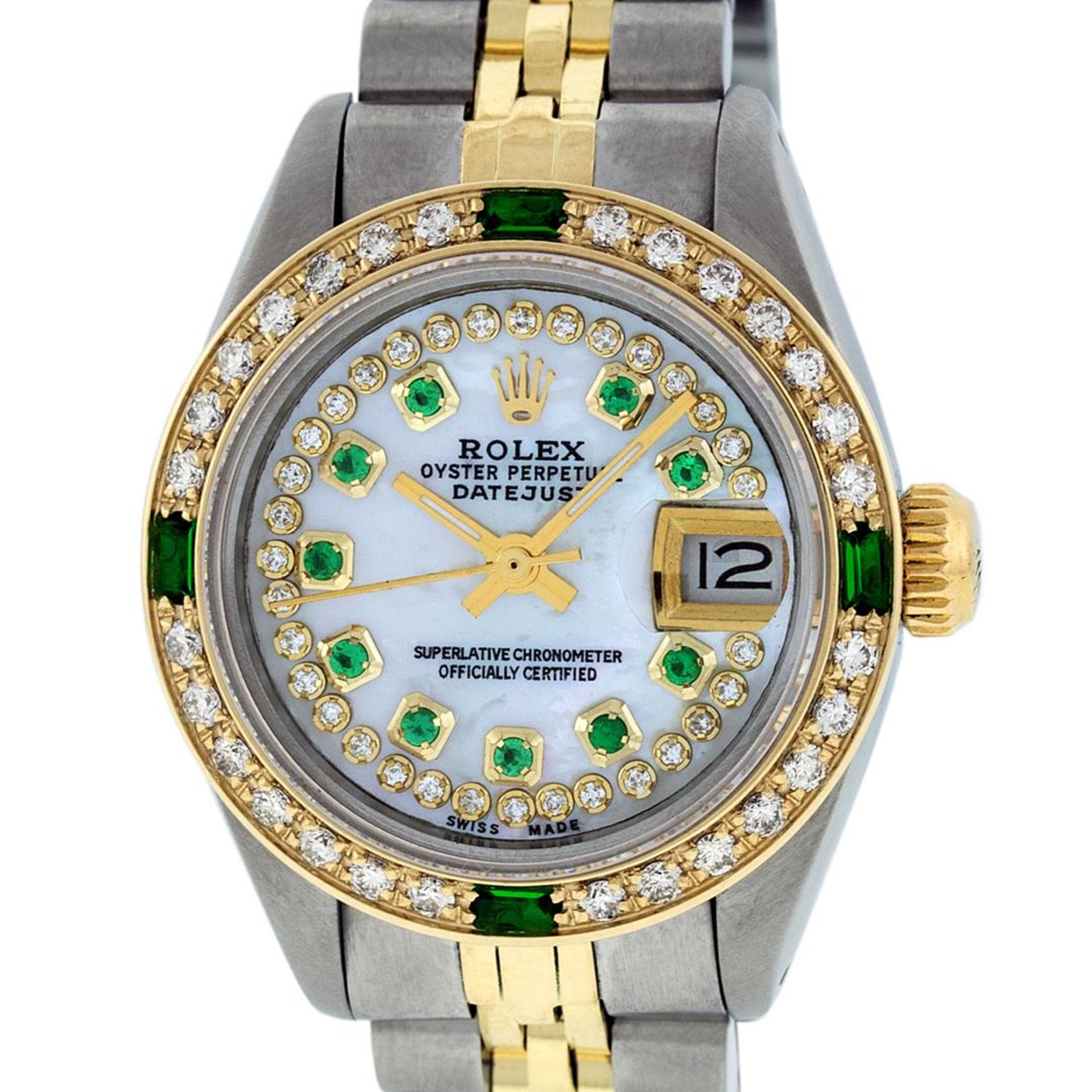 Rolex Ladies 2 Tone MOP Diamond & Emerald Datejust Oyster Perpetual Wristwatch - Image 2 of 9