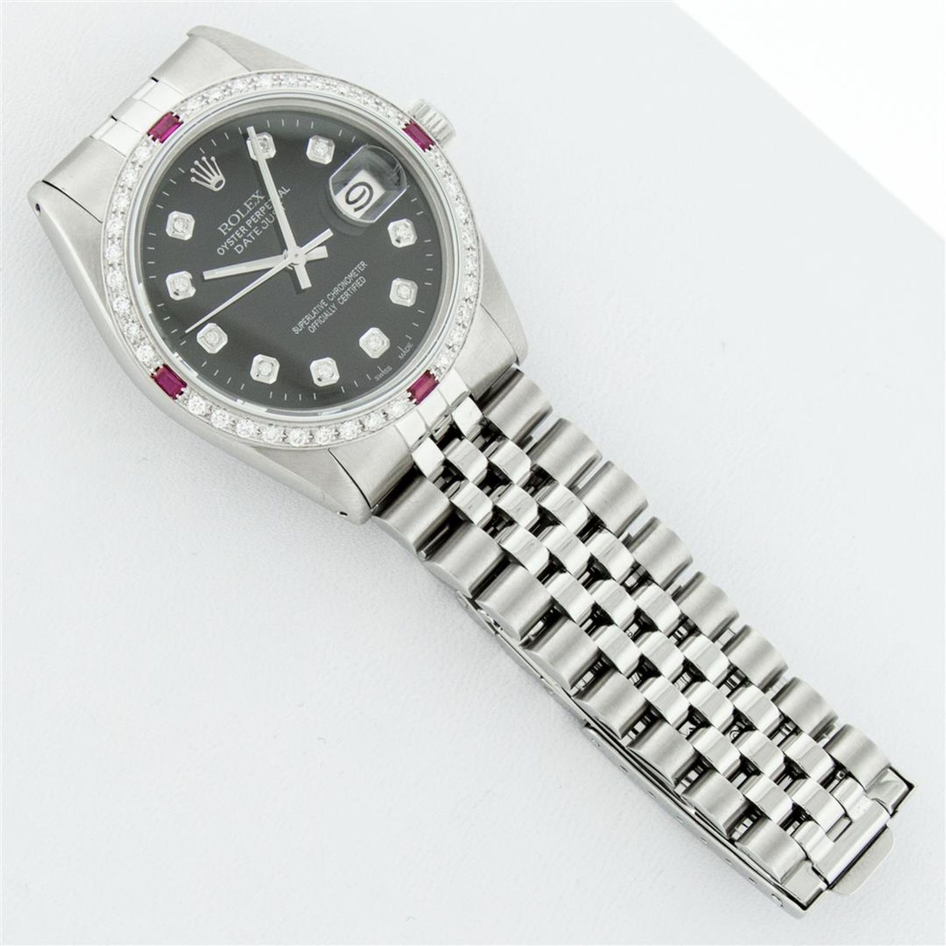 Rolex Mens Stainless Steel Black Diamond & Ruby 36MM Datejust Wristwatch Oyster - Image 6 of 9