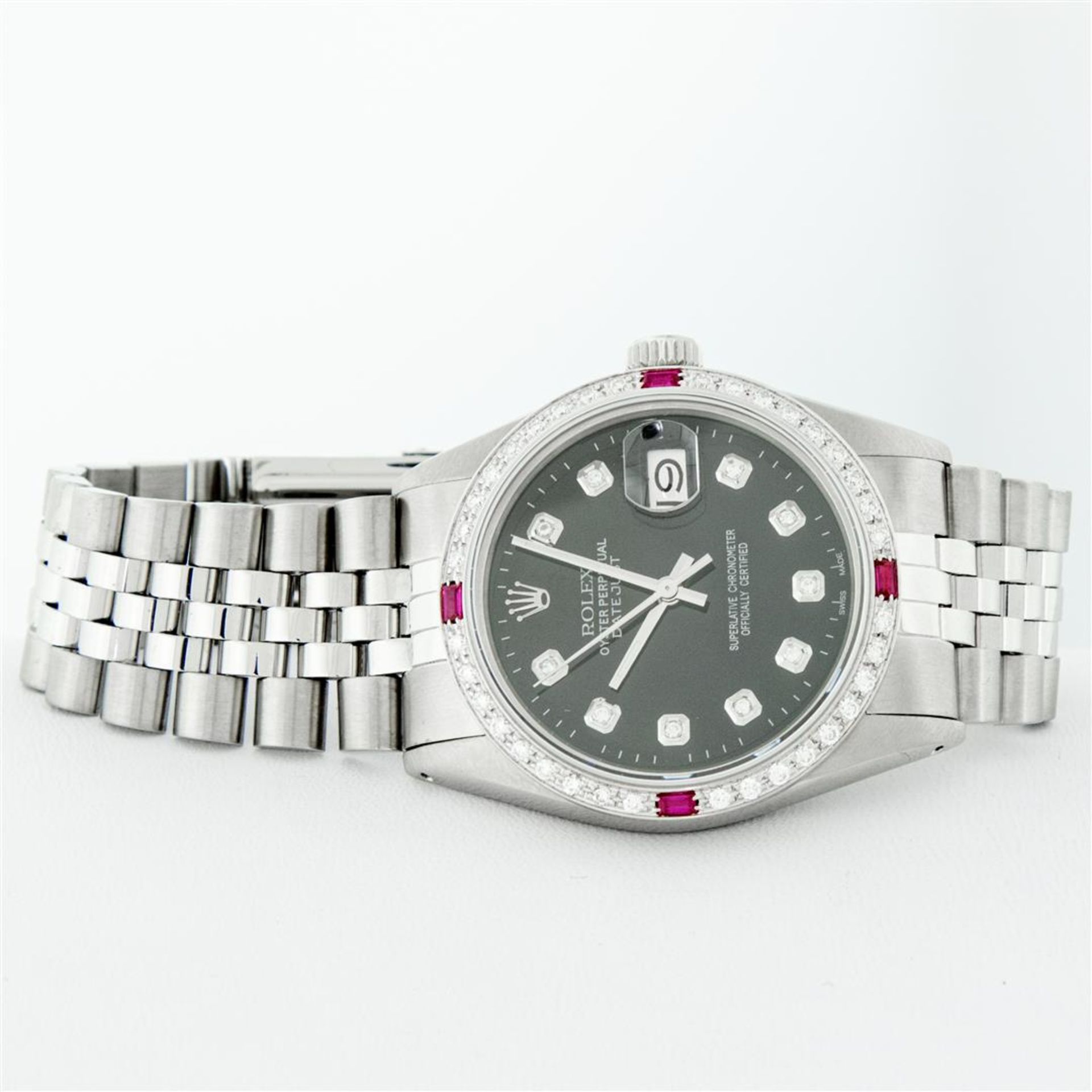Rolex Mens Stainless Steel Black Diamond & Ruby 36MM Datejust Wristwatch Oyster - Image 4 of 9