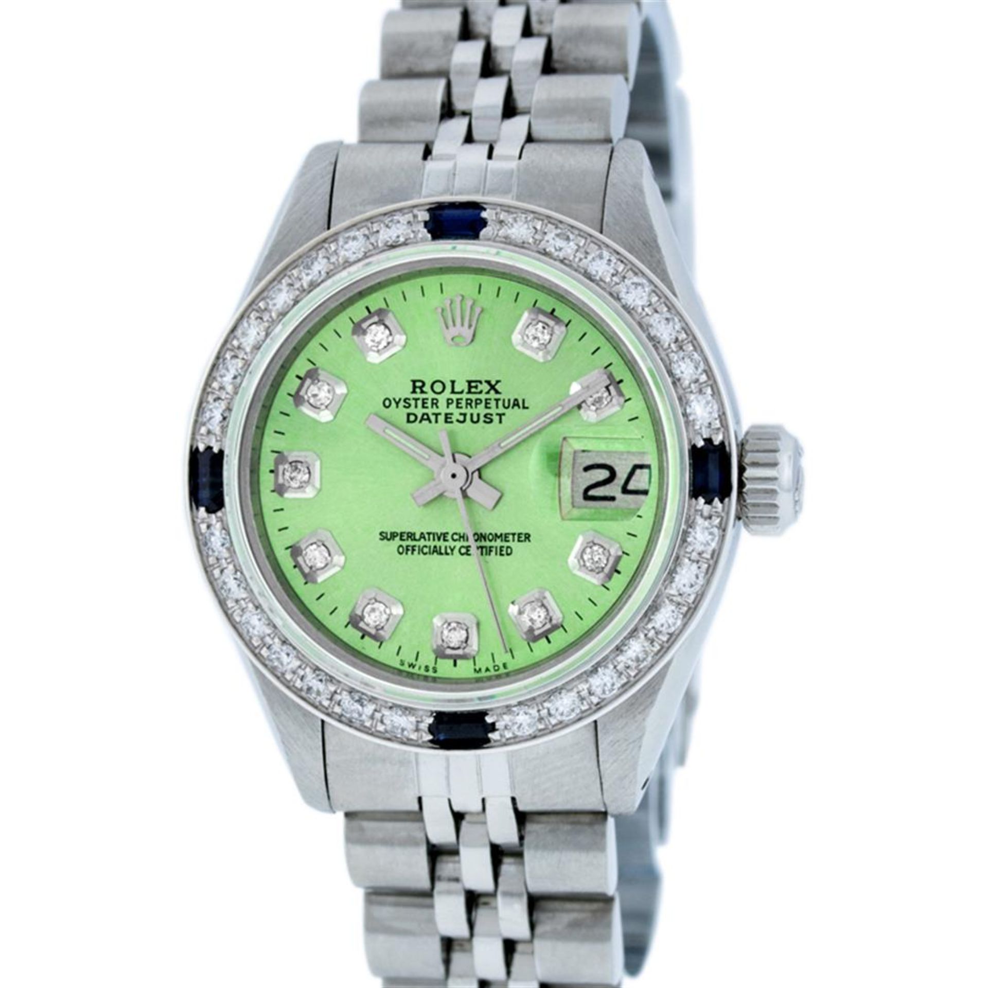 Rolex Ladies Stainless Steel 26 Green Diamond & Sapphire Datejust Wristwatch - Image 2 of 9