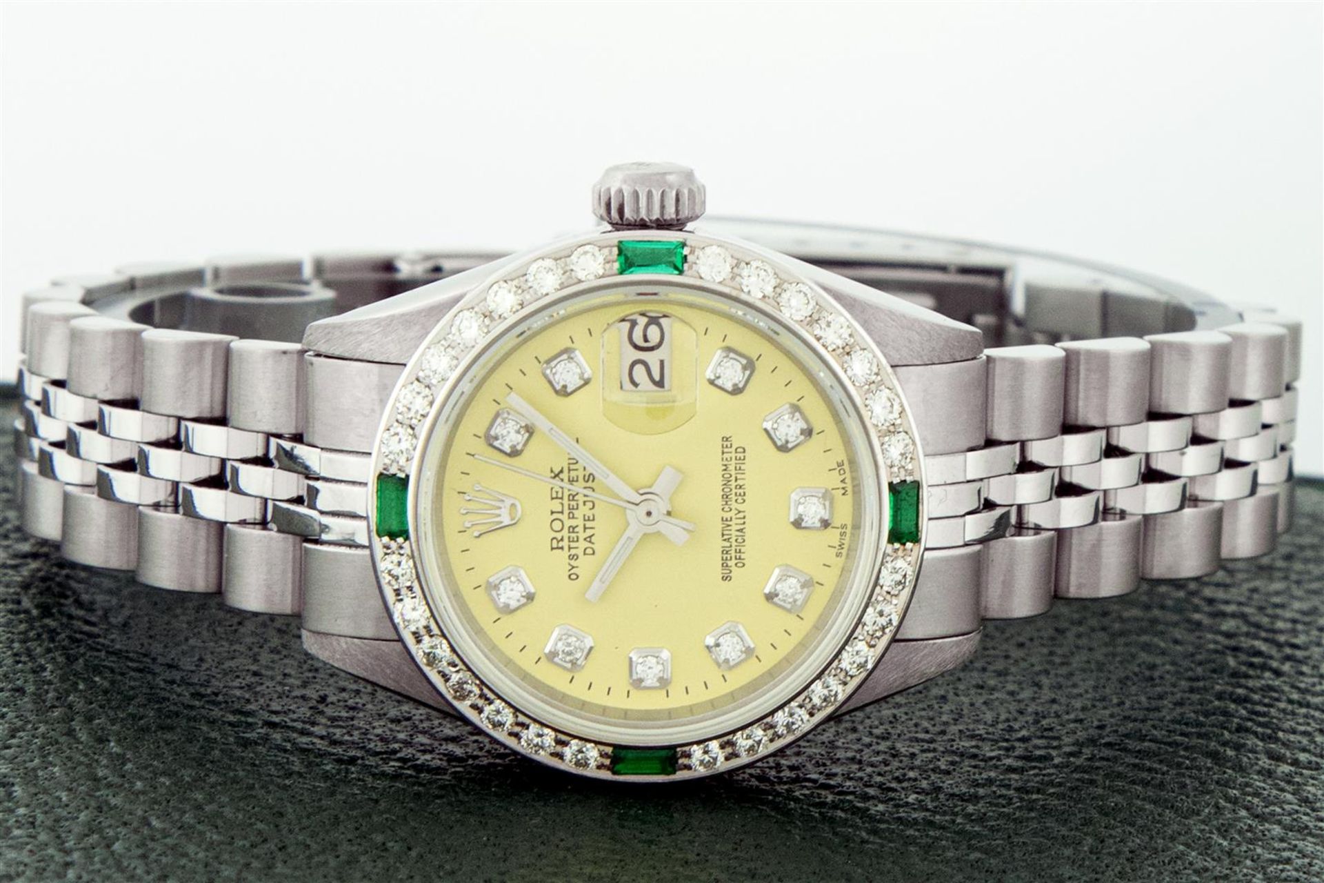 Rolex Ladies Stainless Steel Yellow Diamond & Emerald Oyster Perpetual Datejust - Image 4 of 9