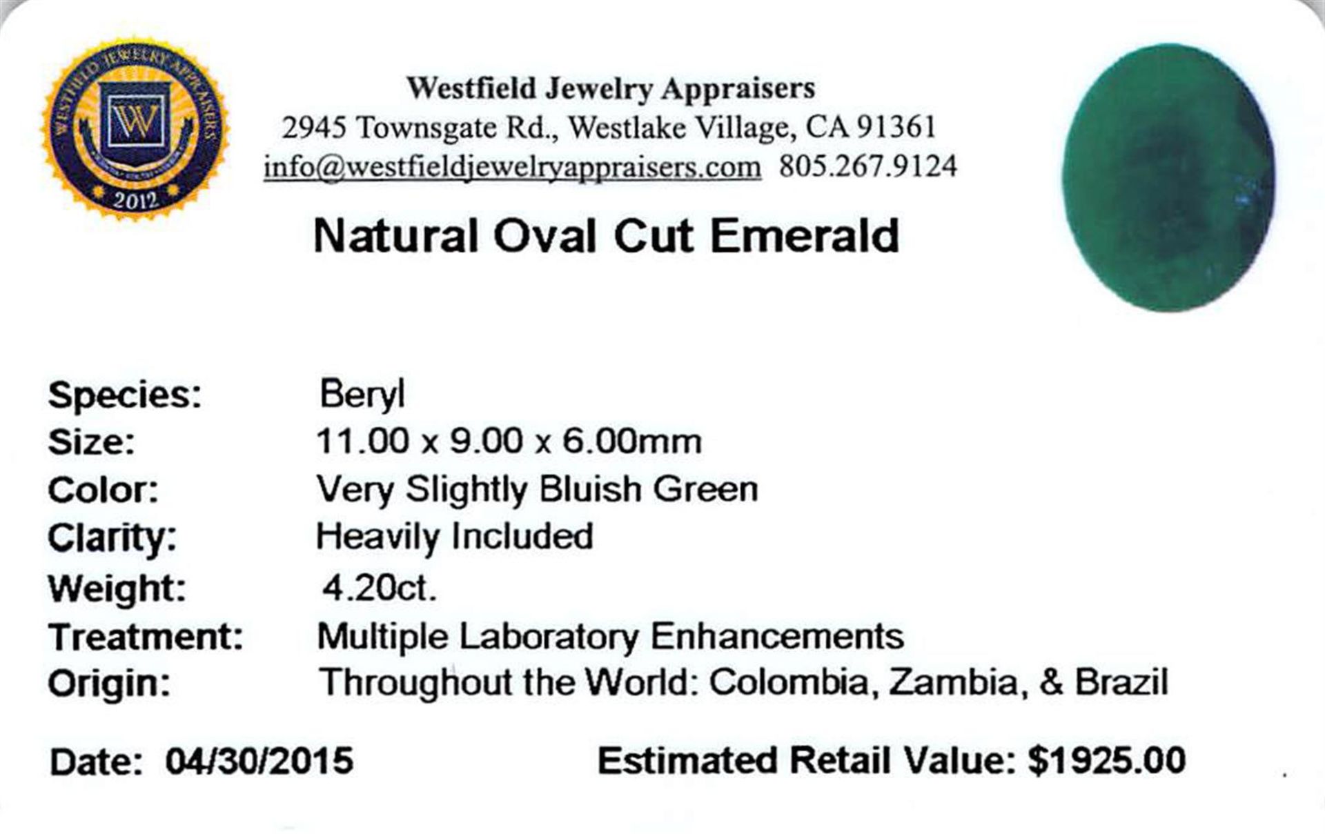 4.2 ctw Oval Emerald Parcel - Image 2 of 2