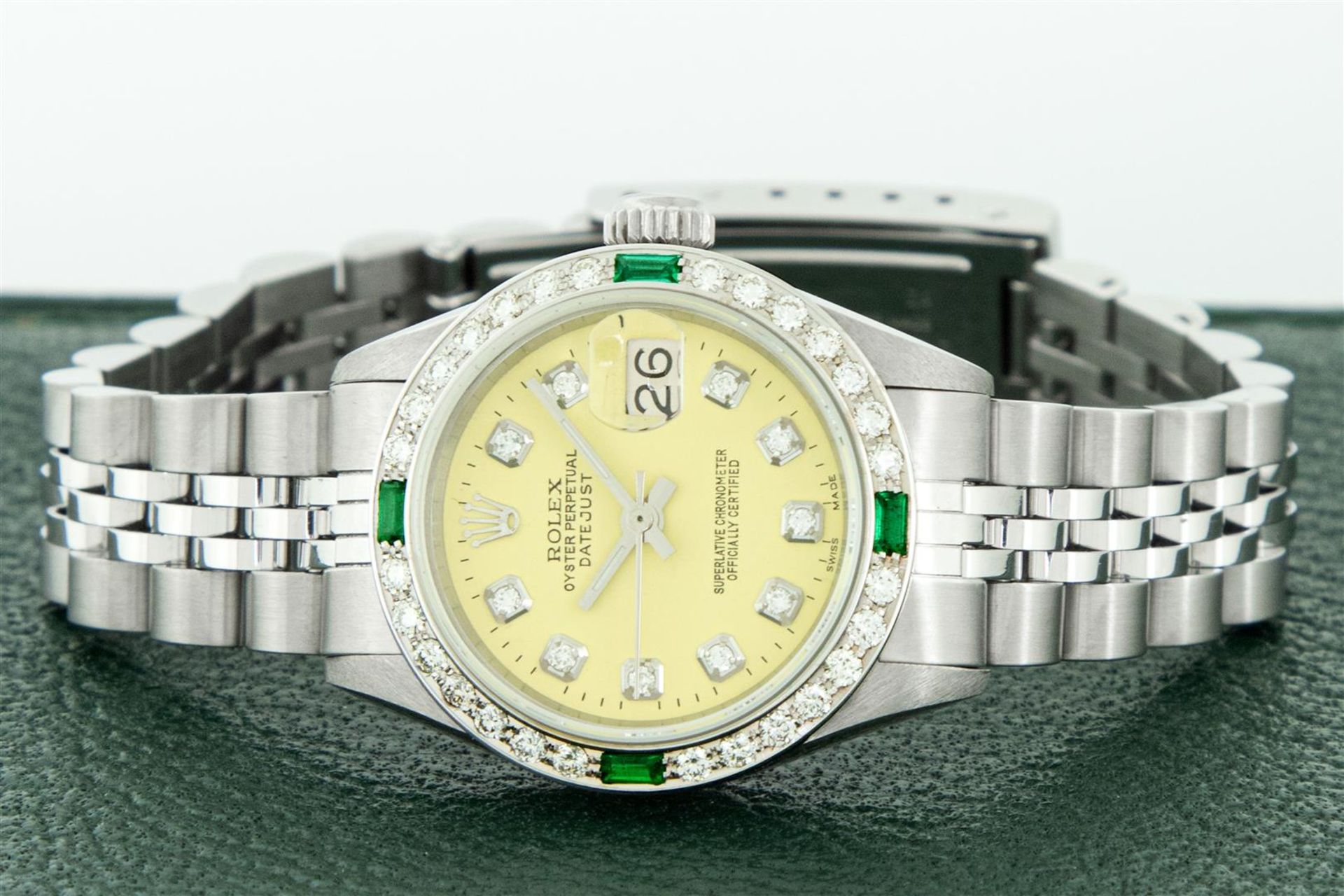 Rolex Ladies Stainless Steel Yellow Diamond & Emerald Oyster Perpetual Datejust - Image 6 of 9