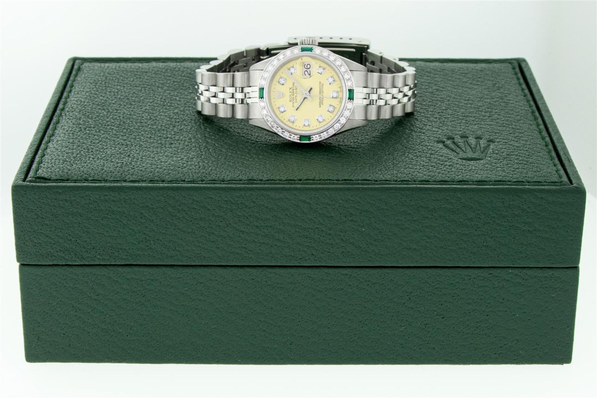 Rolex Ladies Stainless Steel Yellow Diamond & Emerald Oyster Perpetual Datejust - Image 3 of 9