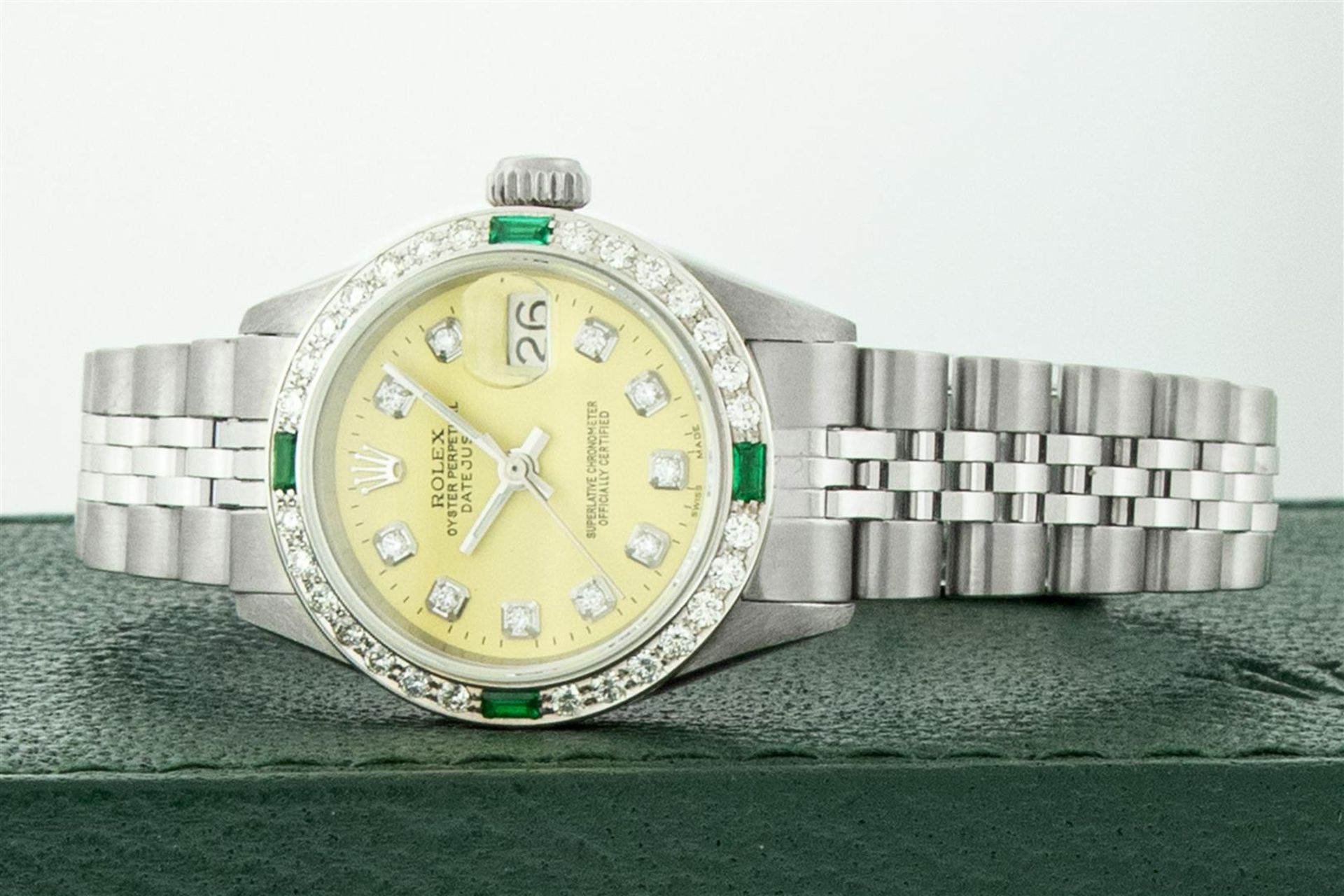 Rolex Ladies Stainless Steel Yellow Diamond & Emerald Oyster Perpetual Datejust - Image 5 of 9