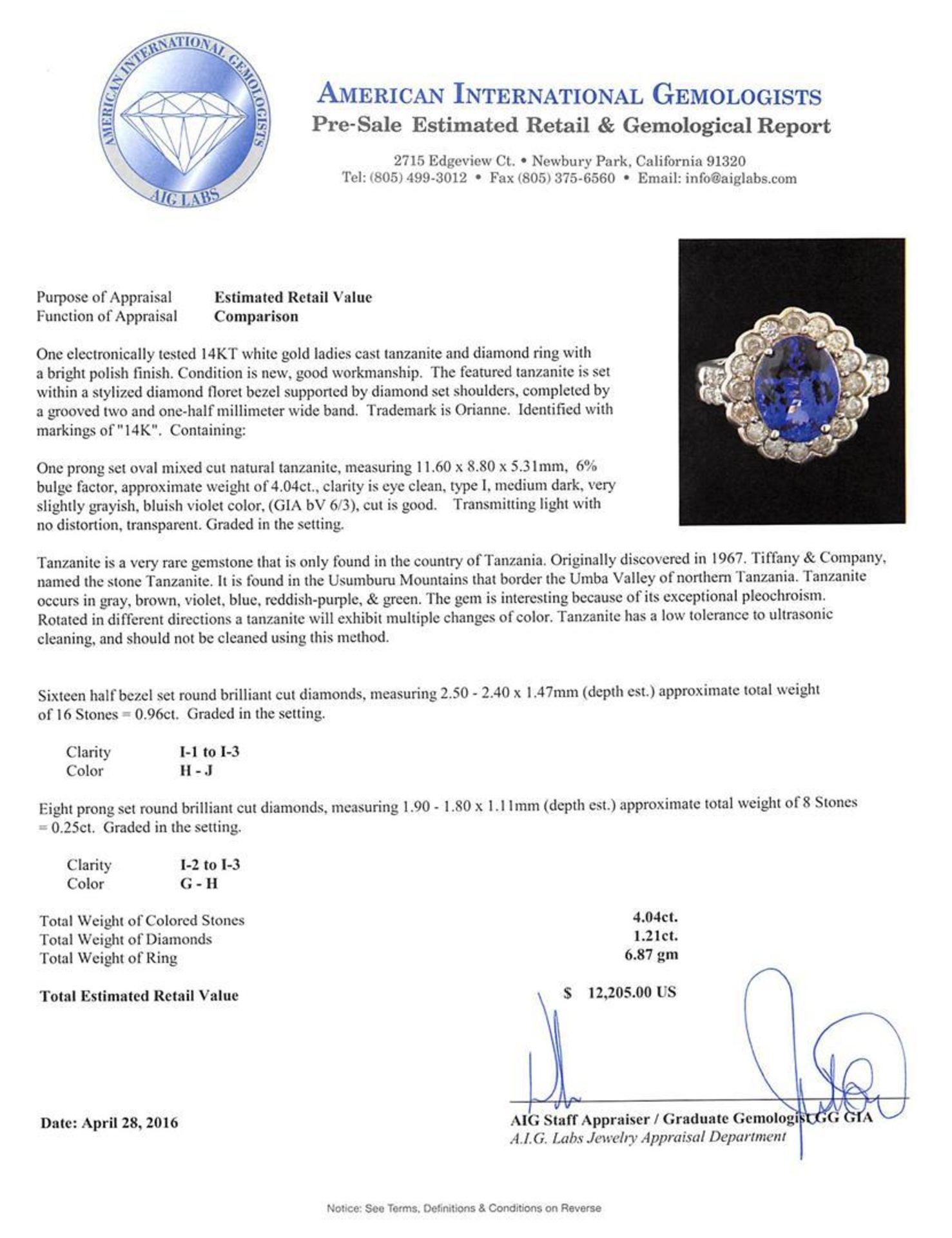 4.04 ctw Tanzanite and Diamond Ring - 14KT White Gold - Image 5 of 5