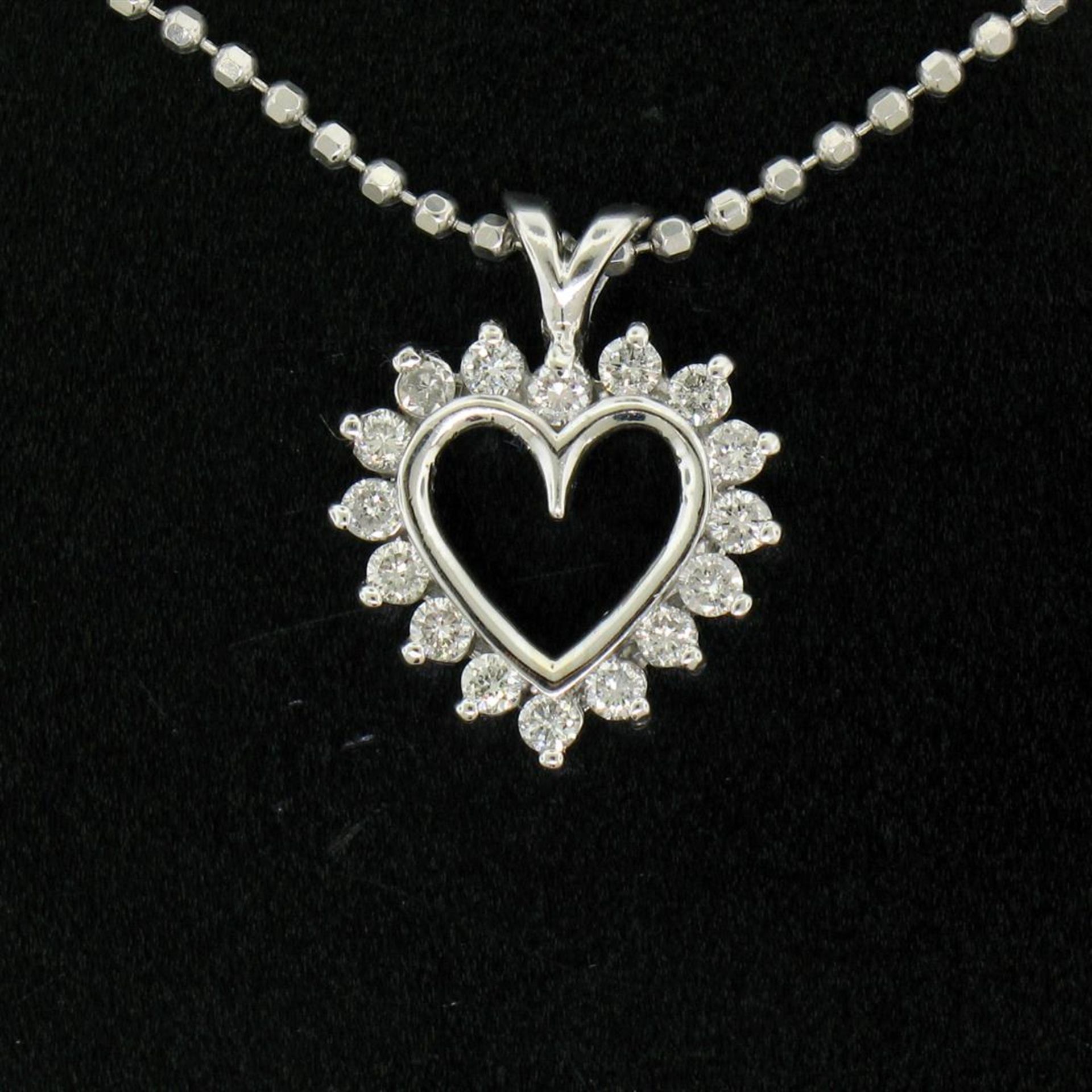 14k White Gold 0.40 ctw Round Brilliant Diamond Open Heart Pendant 18" Bead Chai