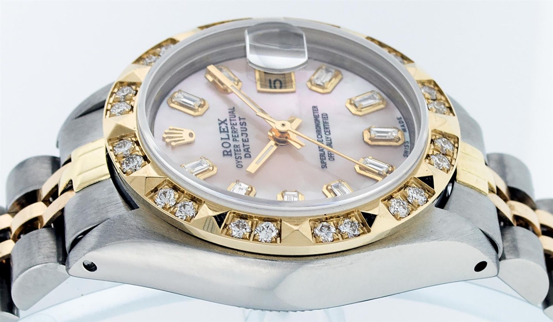 Rolex Ladies 26 2T Pink MOP Baguette 18K YG Diamond Bezel Serviced And Polished - Image 4 of 9