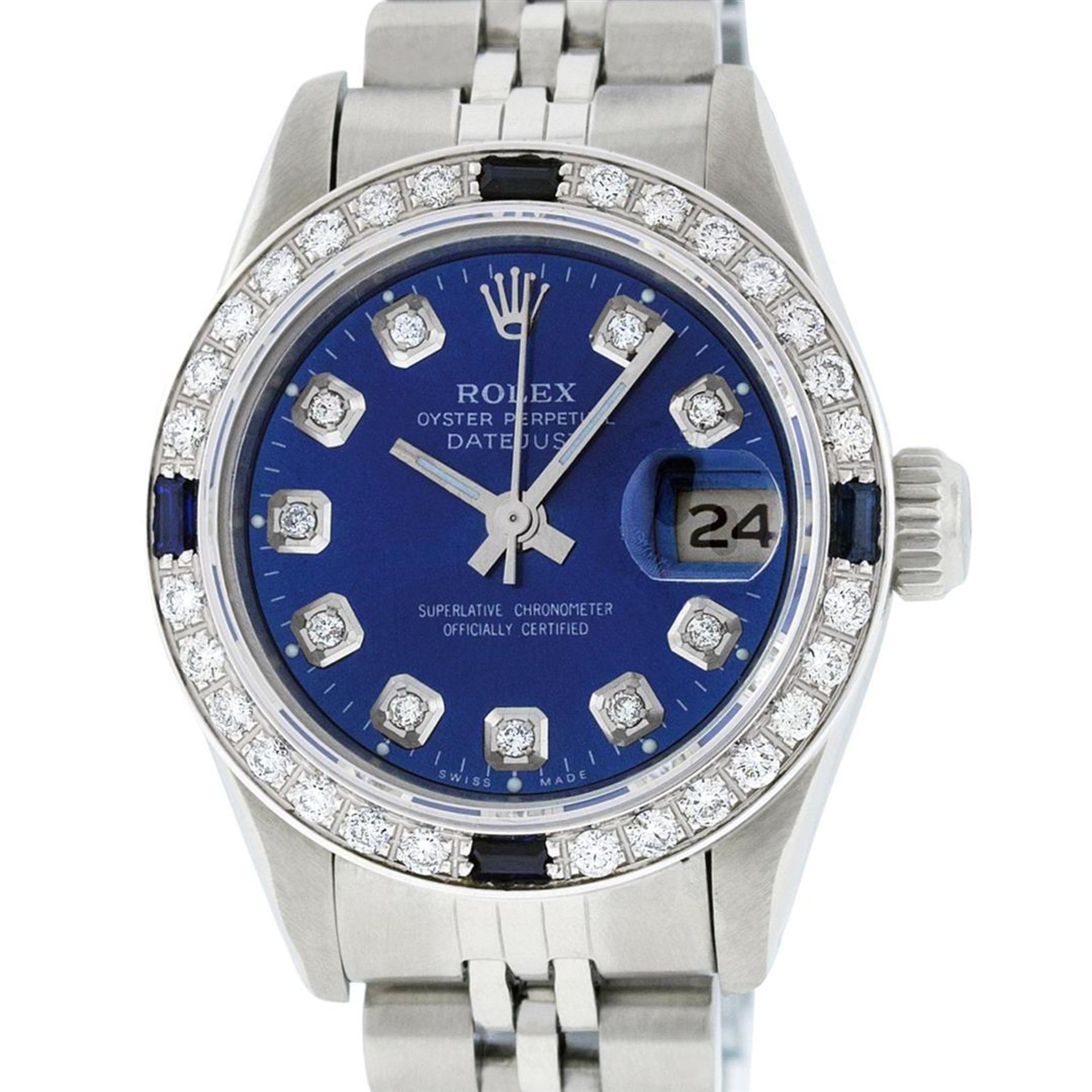 Rolex Ladies Stainless Steel Blue Diamond & Sapphire Oyster Perpetual Datejust W