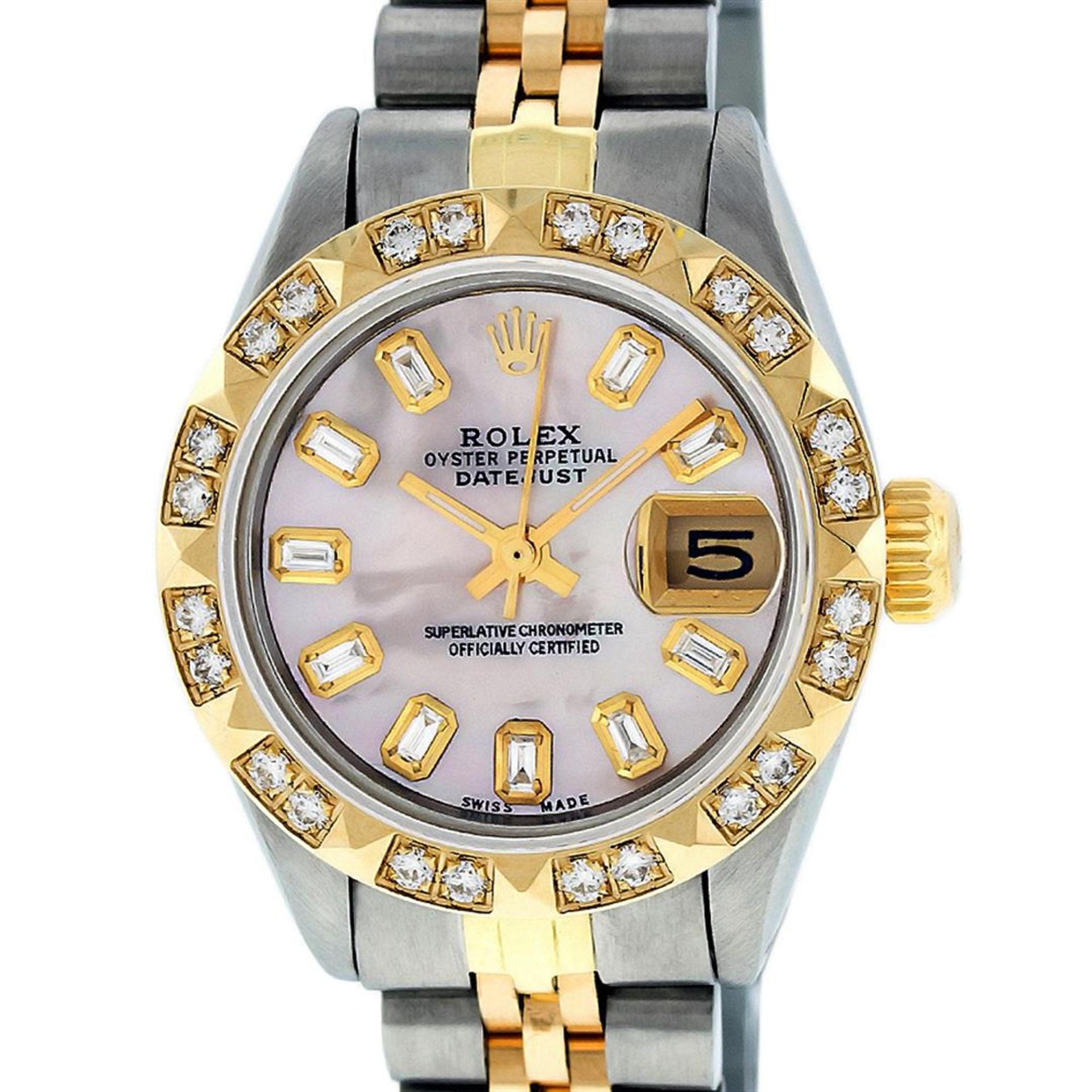 Rolex Ladies 26 2T Pink MOP Baguette 18K YG Diamond Bezel Serviced And Polished