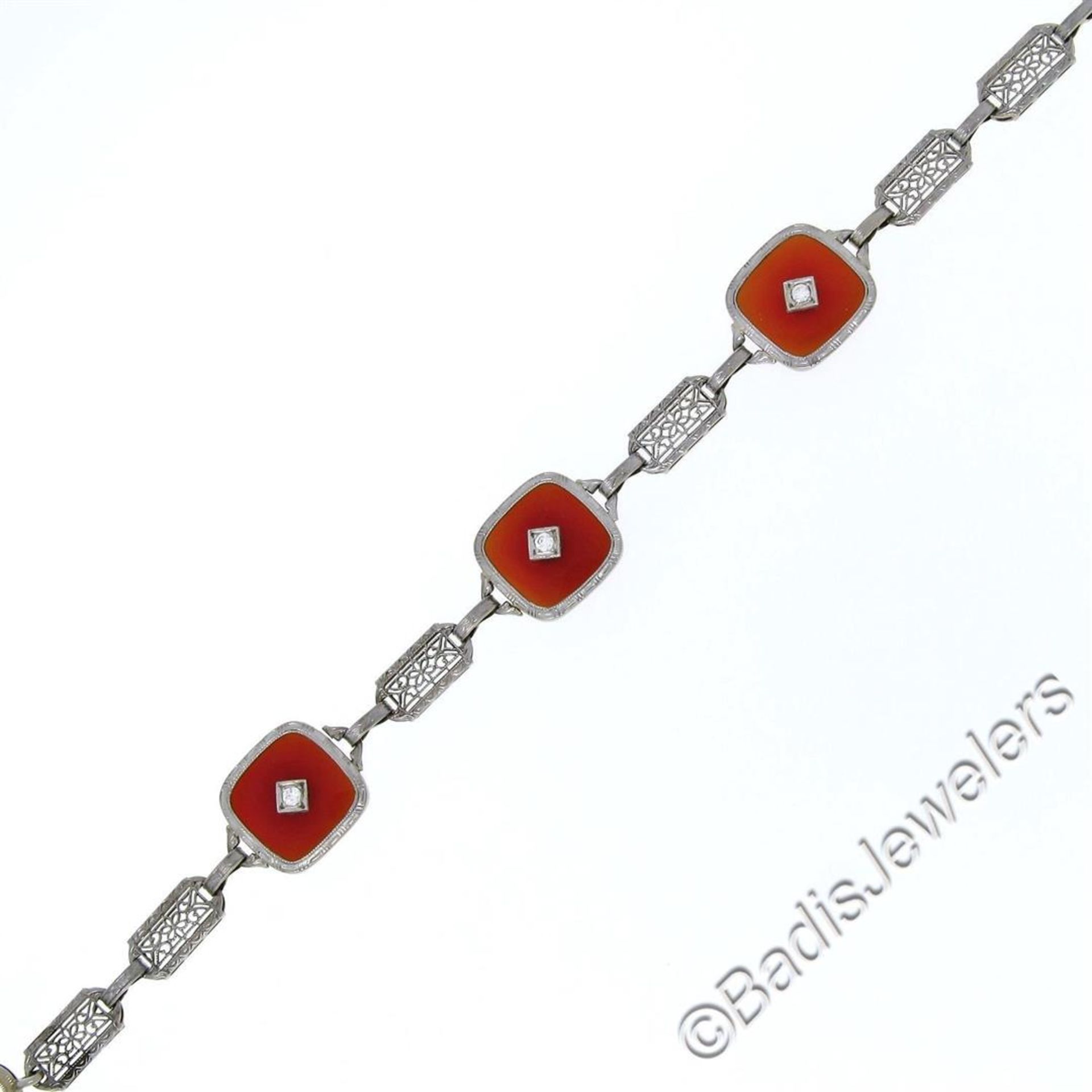 Antique Art Deco 14kt White Gold Carnelian and Diamond Etched Filigree Bracelet - Image 2 of 7