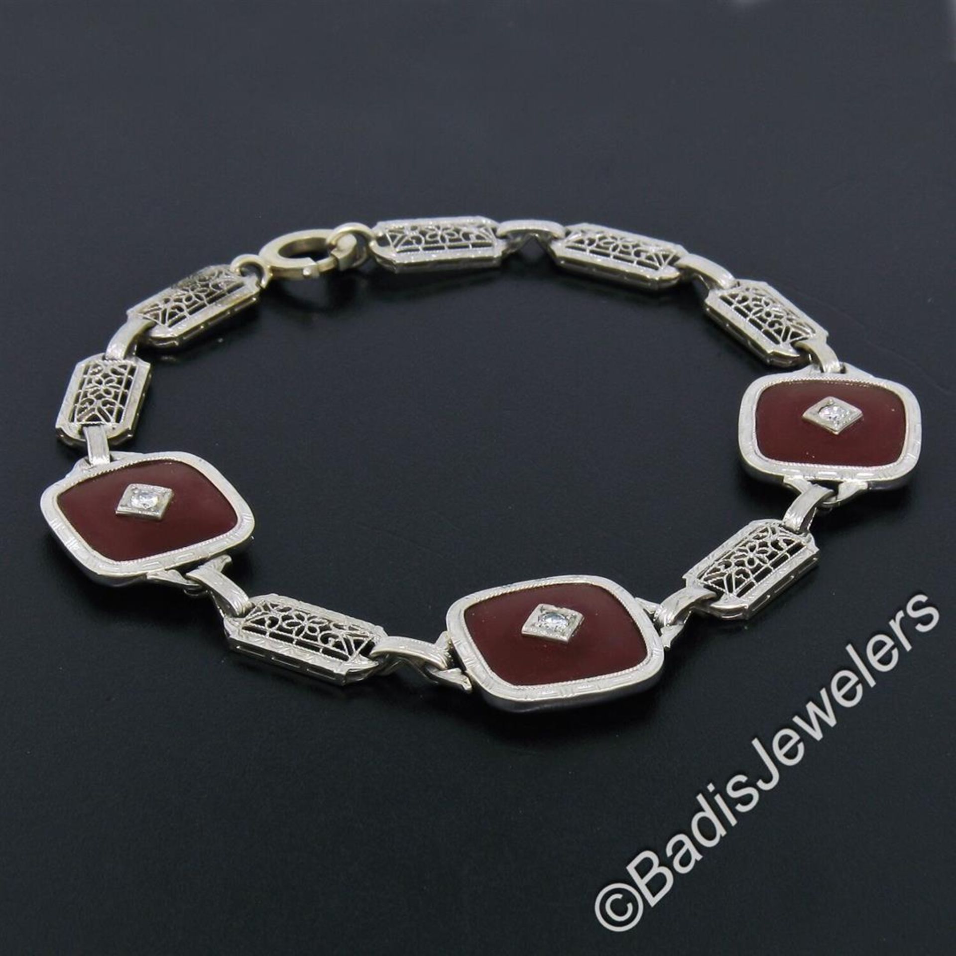 Antique Art Deco 14kt White Gold Carnelian and Diamond Etched Filigree Bracelet - Image 3 of 7