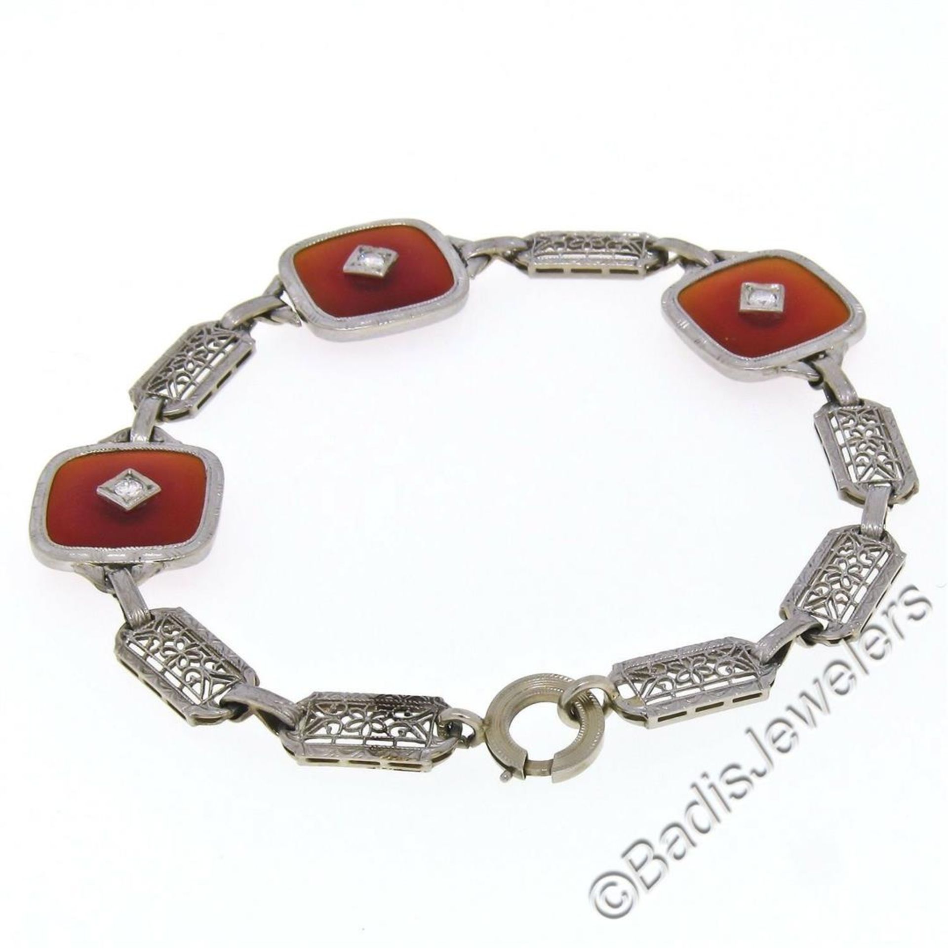 Antique Art Deco 14kt White Gold Carnelian and Diamond Etched Filigree Bracelet - Image 4 of 7