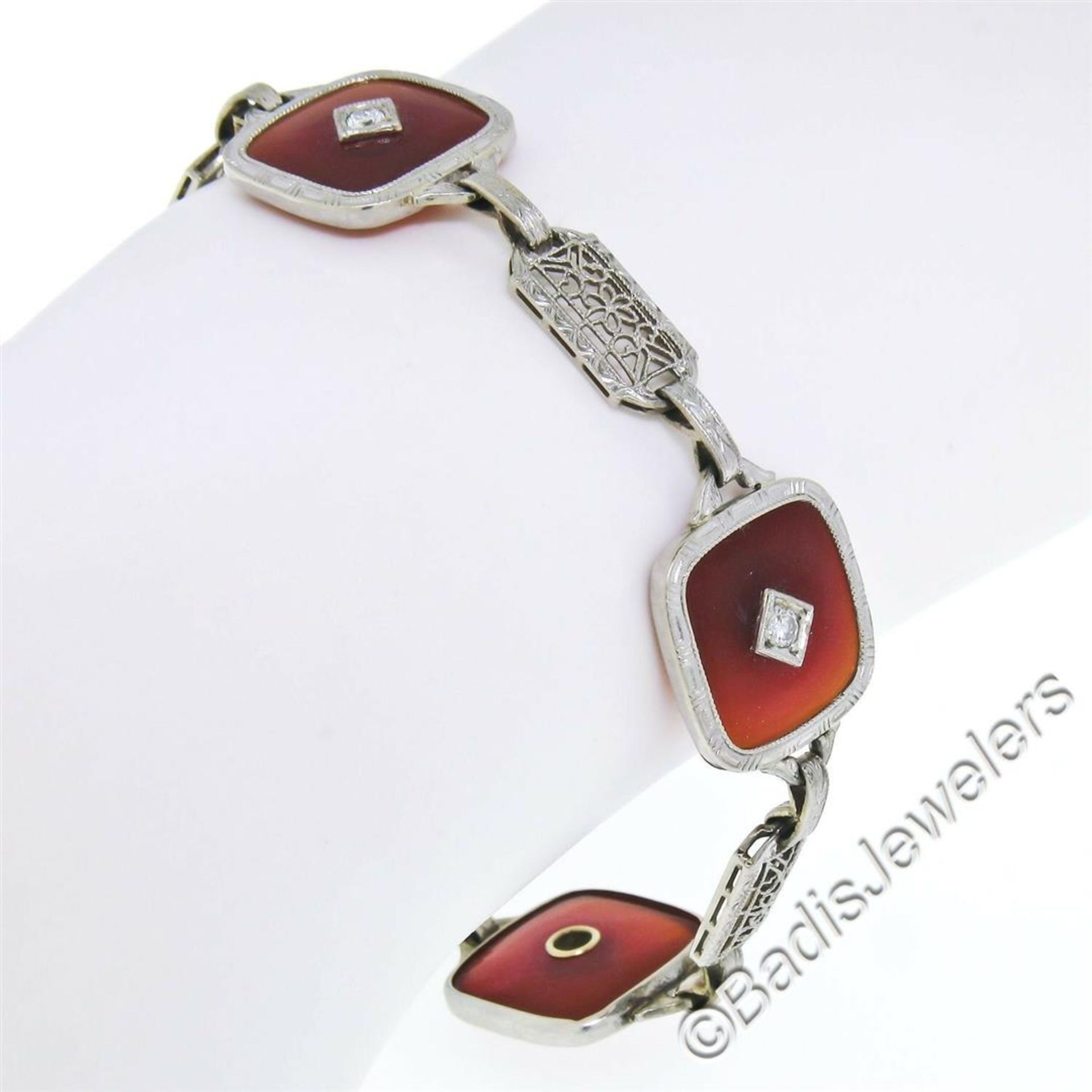 Antique Art Deco 14kt White Gold Carnelian and Diamond Etched Filigree Bracelet - Image 5 of 7