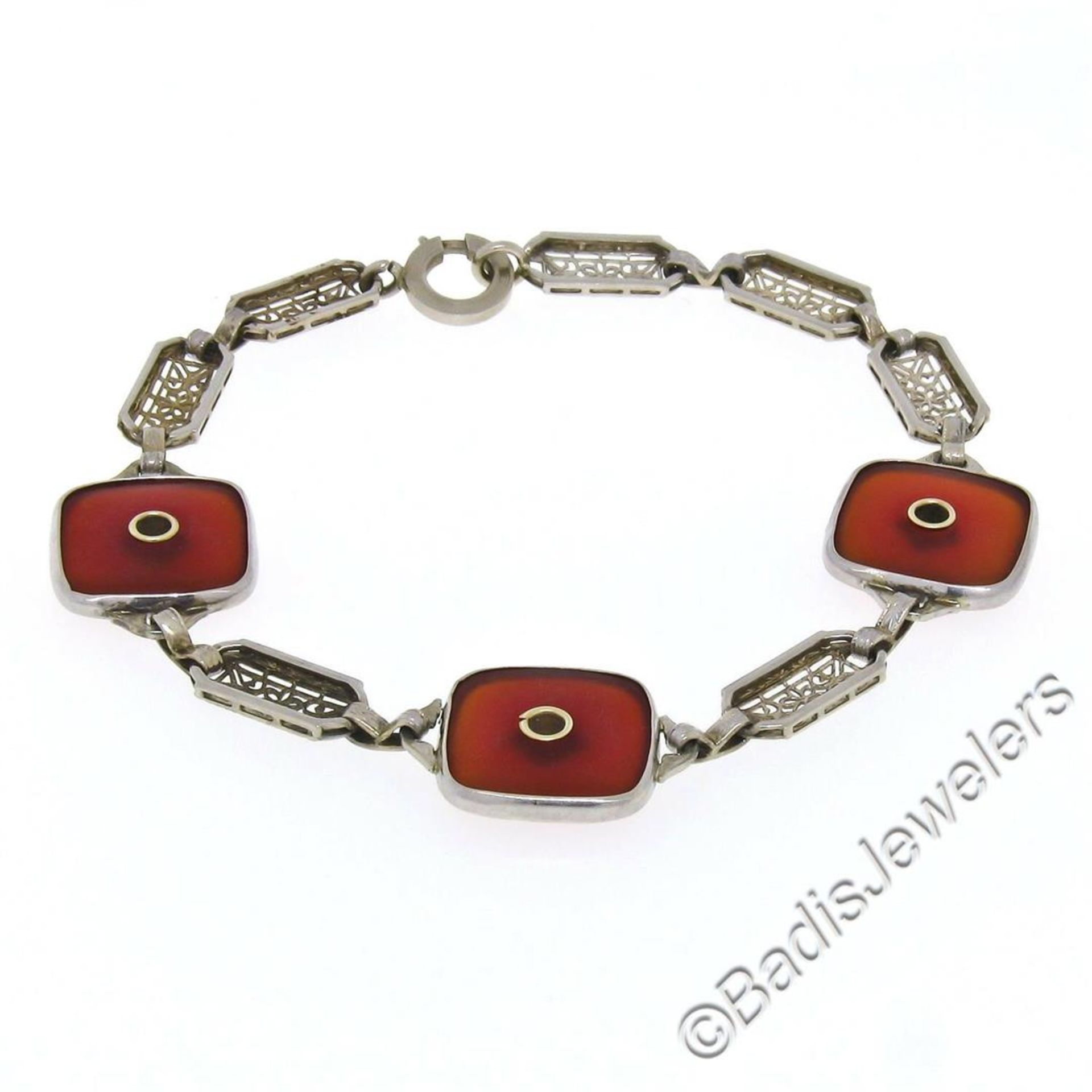 Antique Art Deco 14kt White Gold Carnelian and Diamond Etched Filigree Bracelet - Image 6 of 7