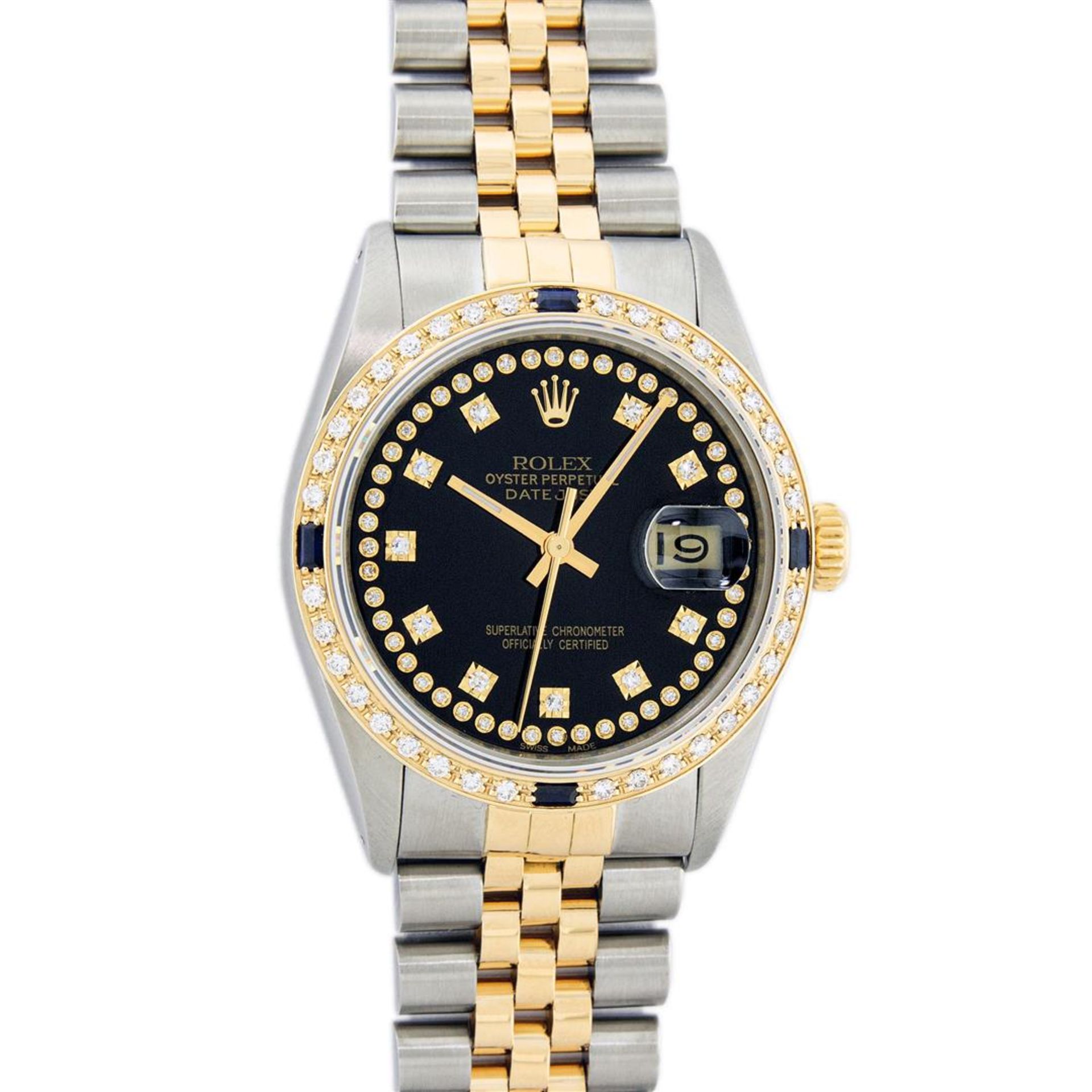 Rolex Mens 2 Tone Black String Diamond & Sapphire 36MM Datejust Wristwatch - Image 2 of 9