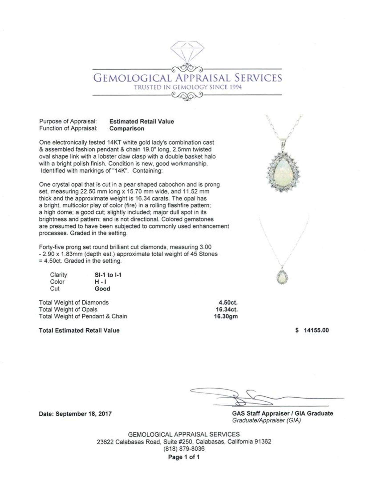 16.34 ctw Opal And Diamond Pendant & Chain - 14KT White Gold - Image 3 of 3