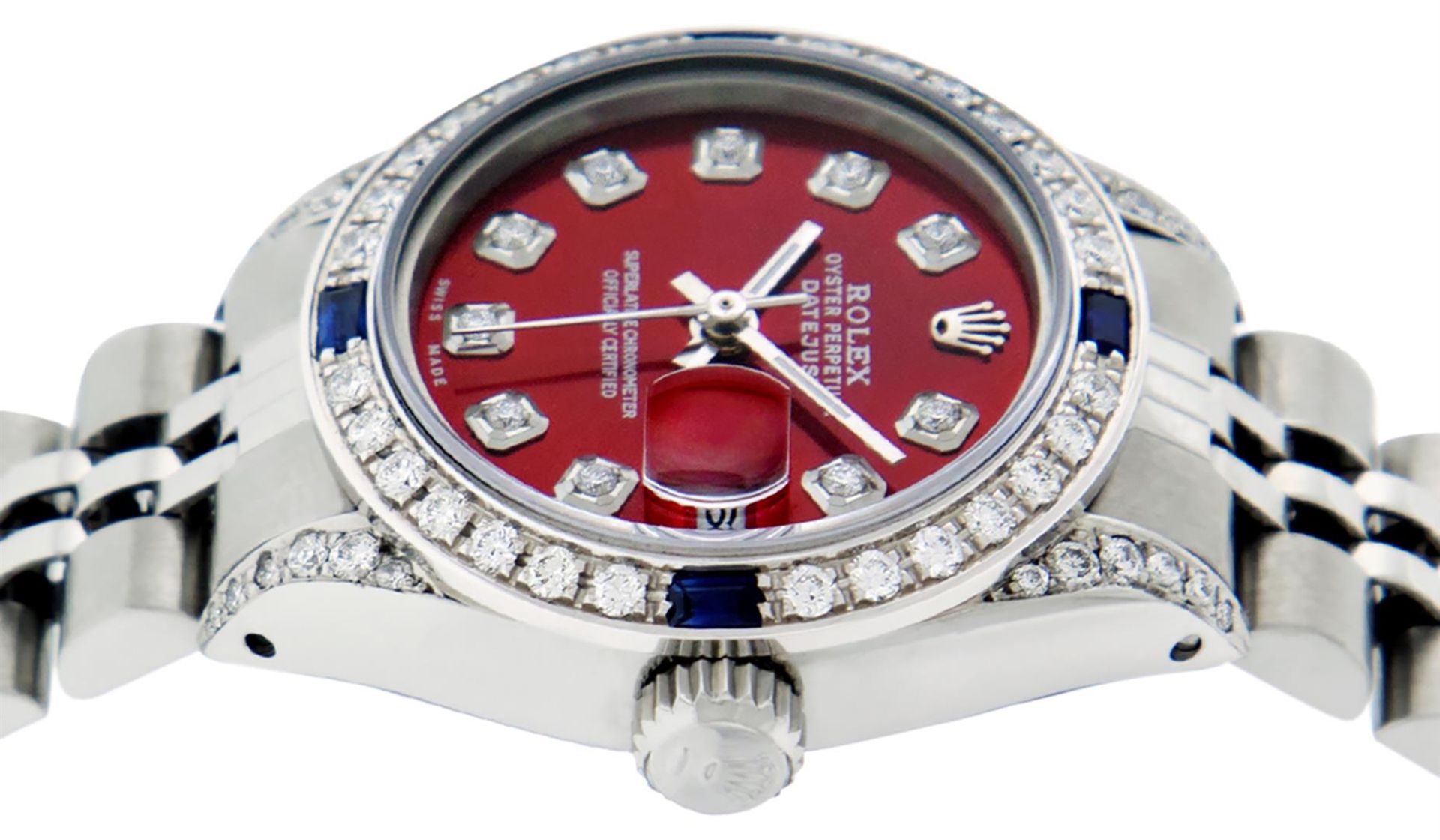 Rolex Ladies Stainless Steel Red Diamond Lugs & Sapphire Datejust Wristwatch - Image 3 of 9