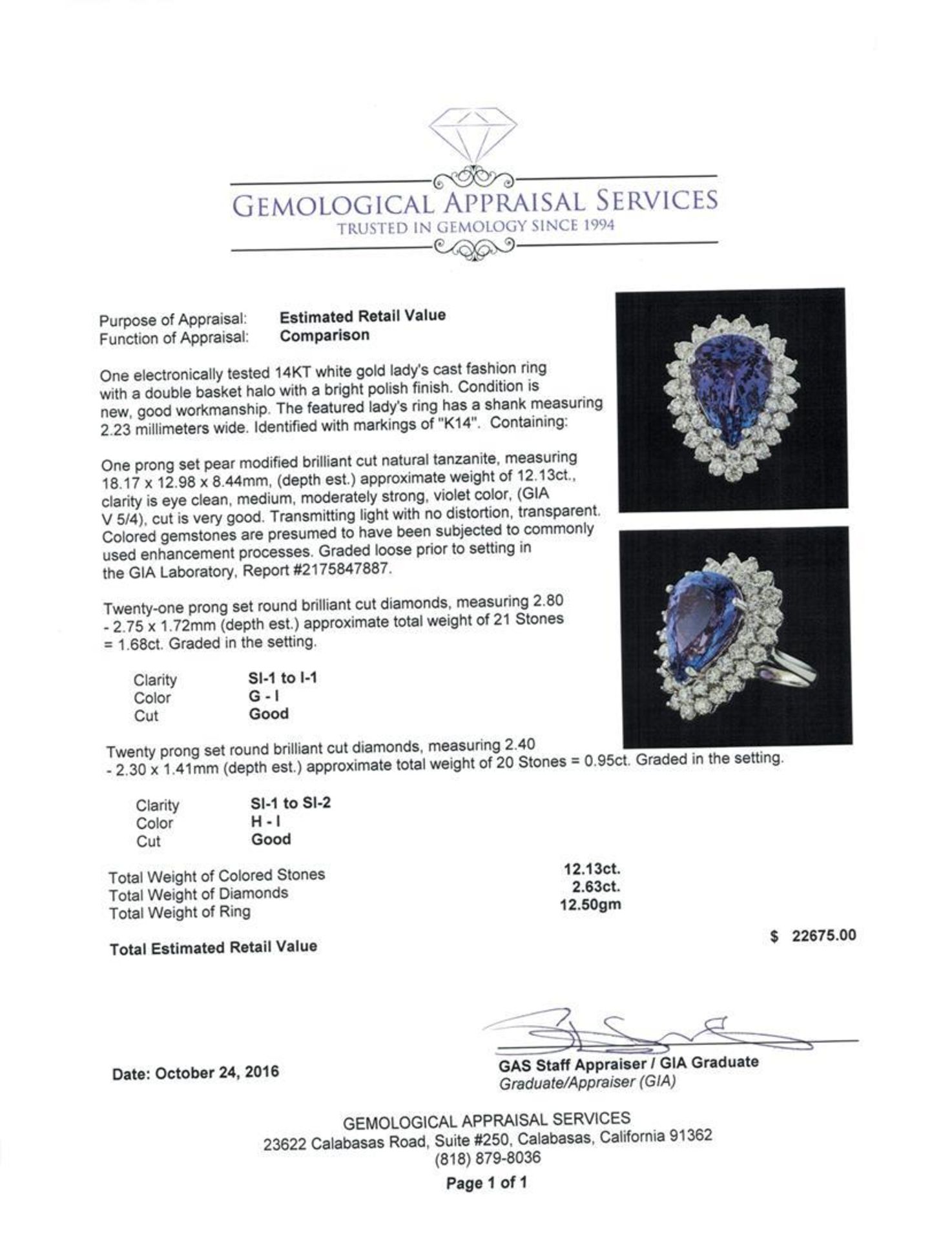 GIA Cert 12.13 ctw Tanzanite and Diamond Ring - 14KT White Gold - Image 5 of 6