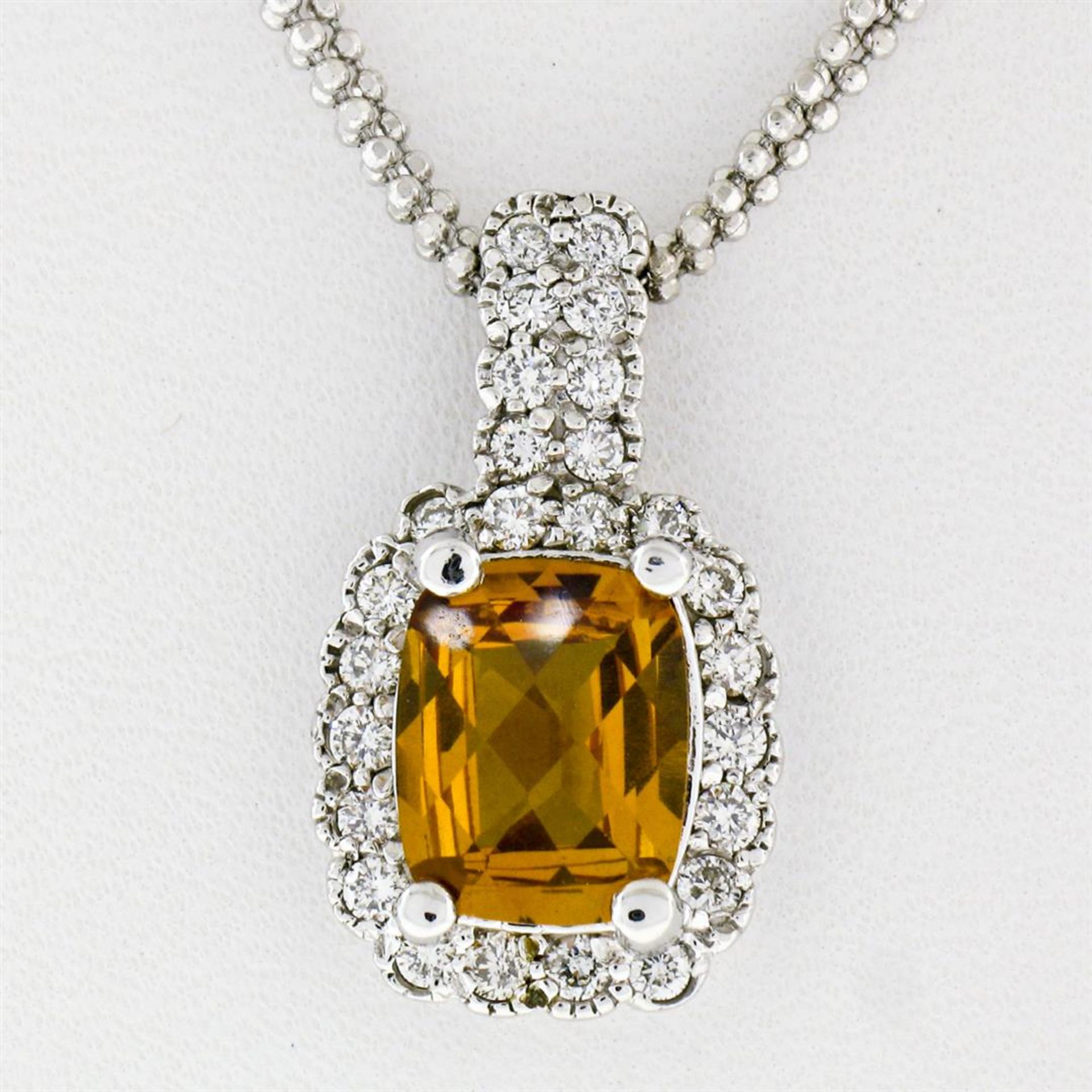 14K White Gold 3.71 ctw Cushion Checkerboard Citrine Diamond Halo Pendant Neckla