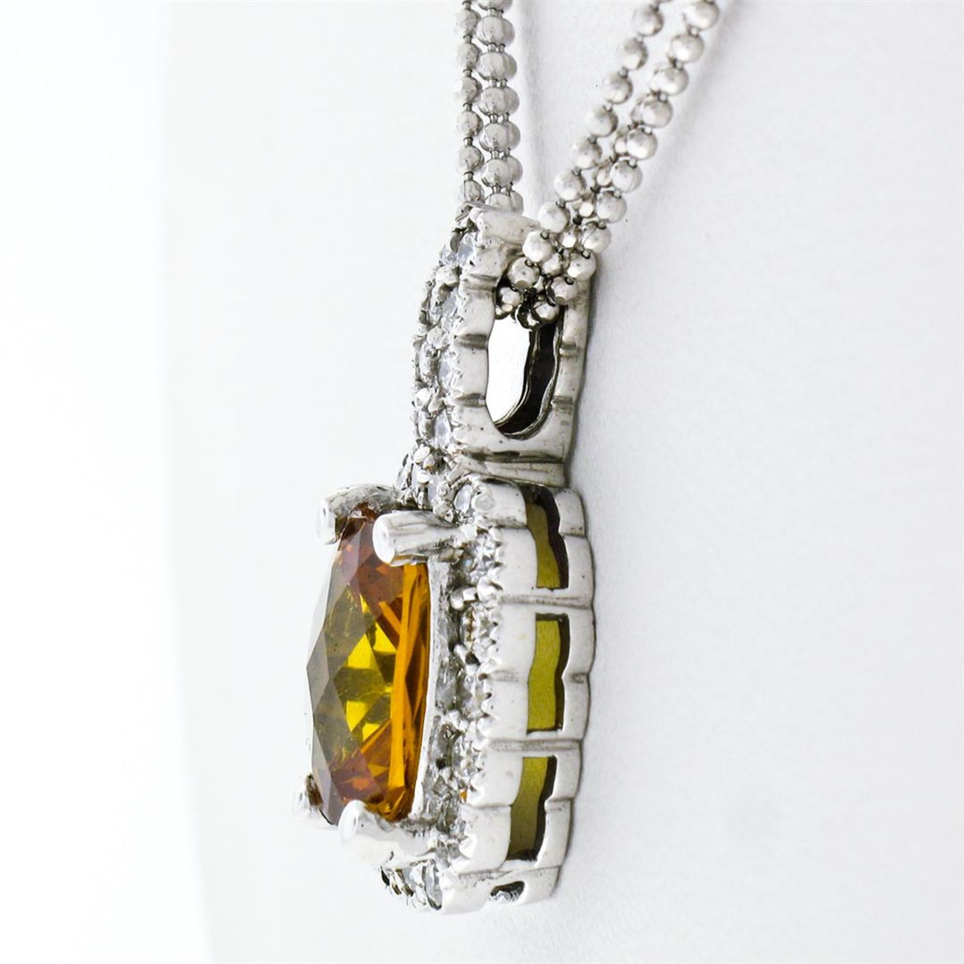 14K White Gold 3.71 ctw Cushion Checkerboard Citrine Diamond Halo Pendant Neckla - Image 4 of 8