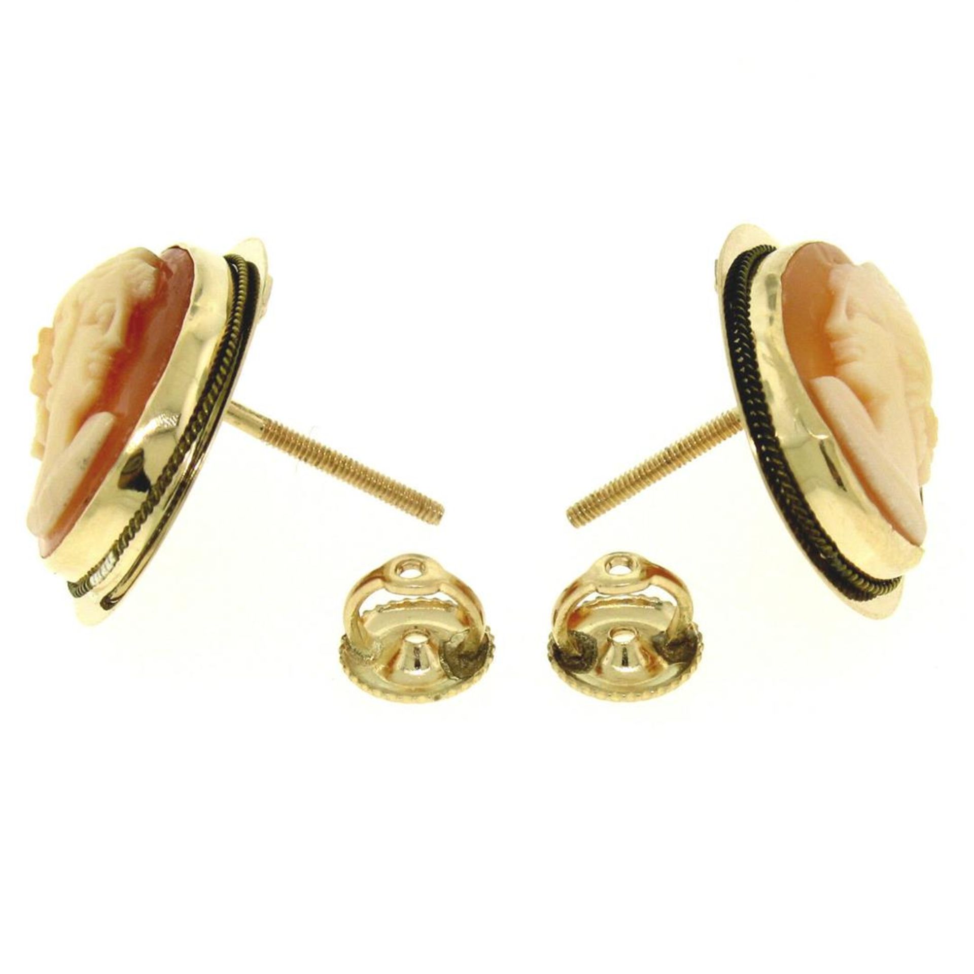 Vintage 14K Yellow Gold Oval Carved Shell Cameo Framed Screw Back Stud Earrings - Image 6 of 9