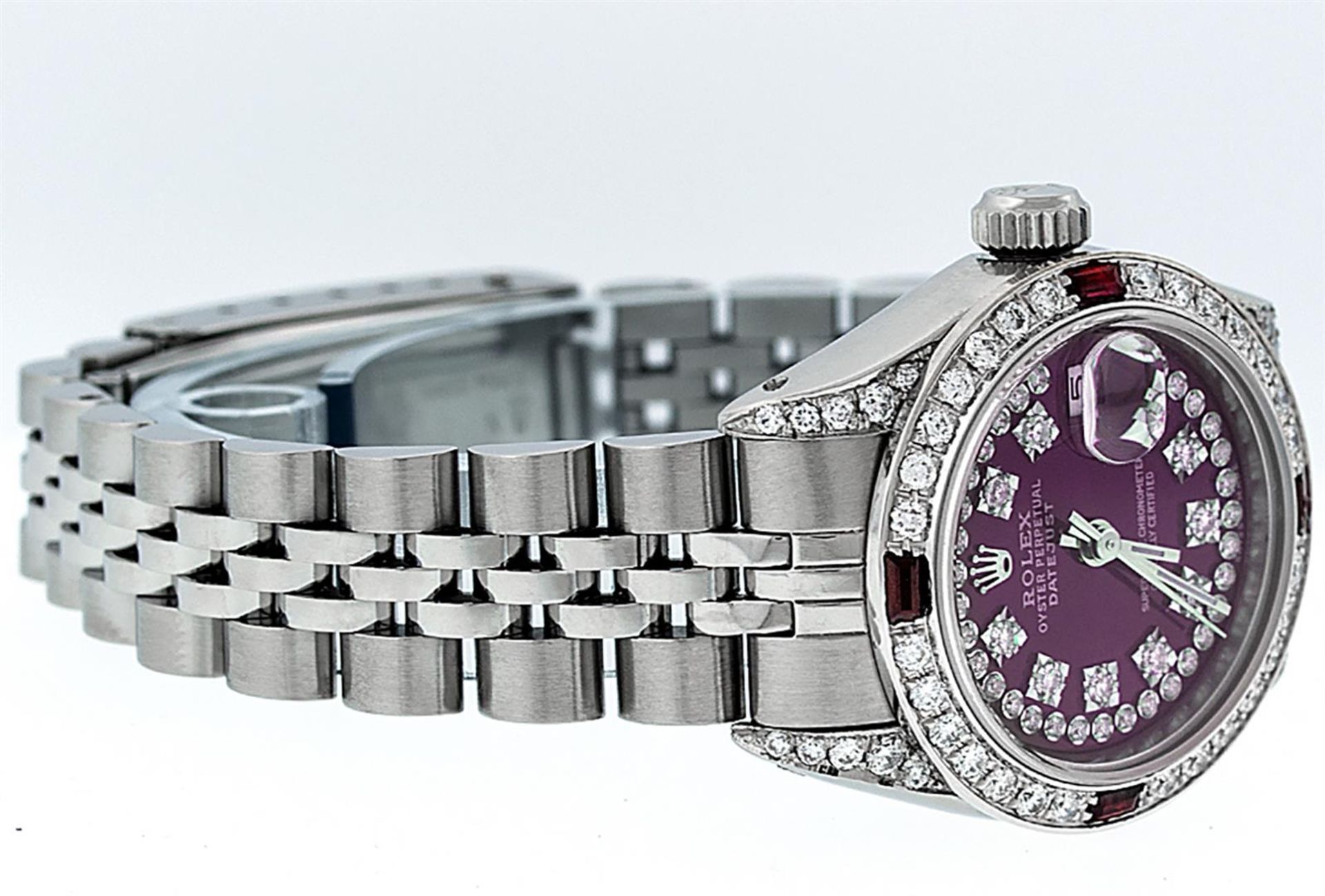 Rolex Ladies Stainless Steel 26MM Purple String Diamond Lugs Datejust Wristwatch - Image 7 of 9