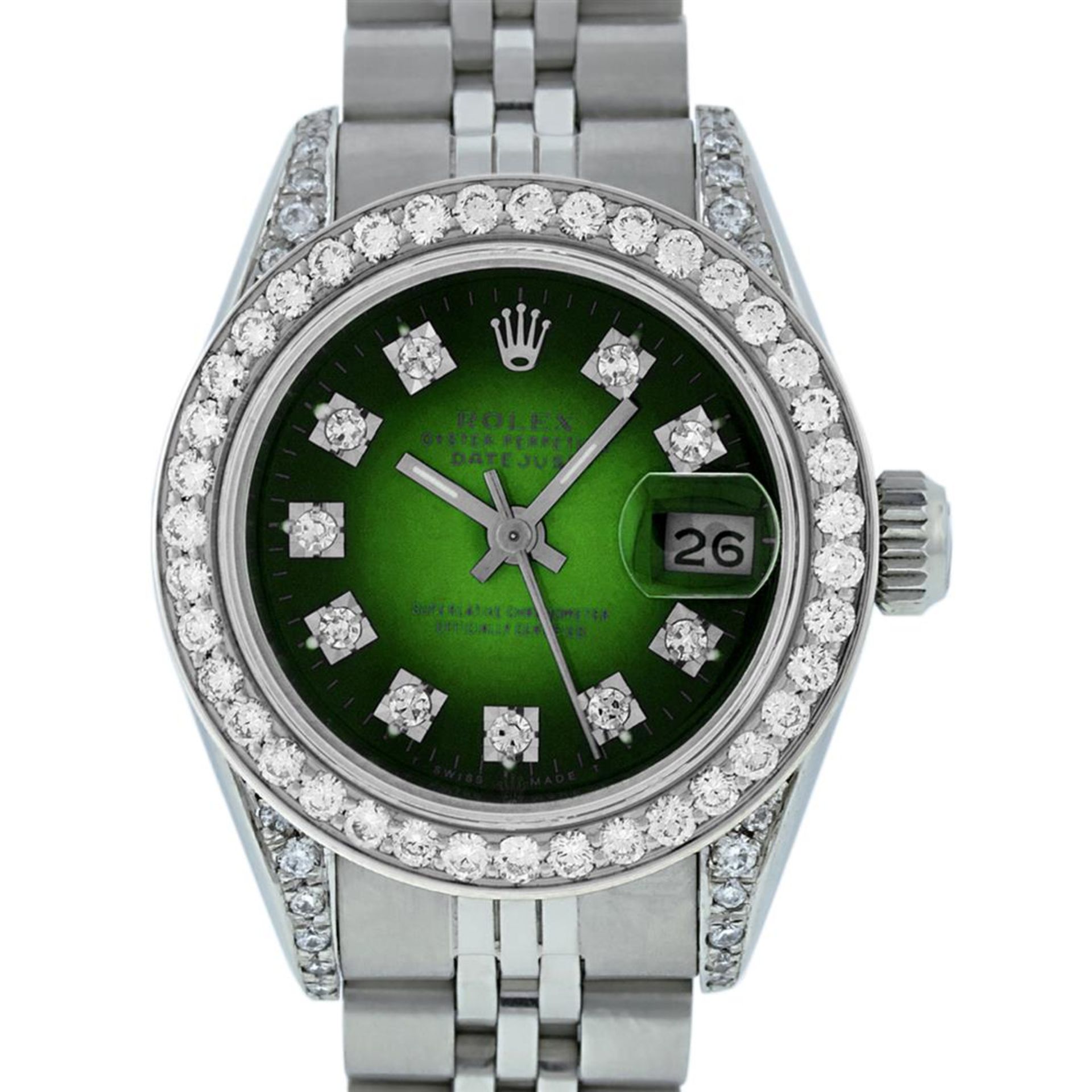 Rolex Ladies Stainless Steel Green Vignette Diamond Lugs & Datejust 26MM