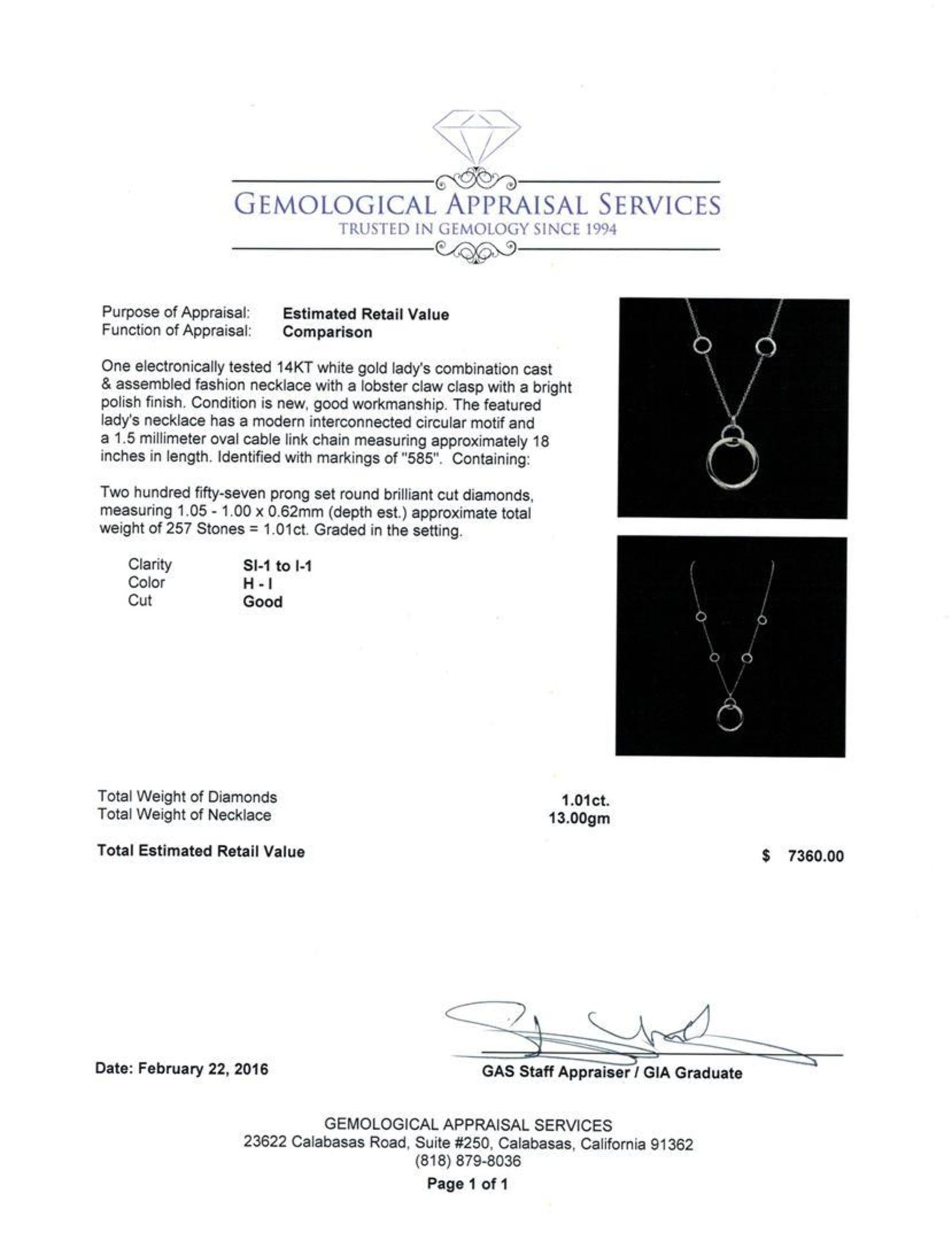 1.01 ctw Diamond Necklace - 14KT White Gold - Image 3 of 3