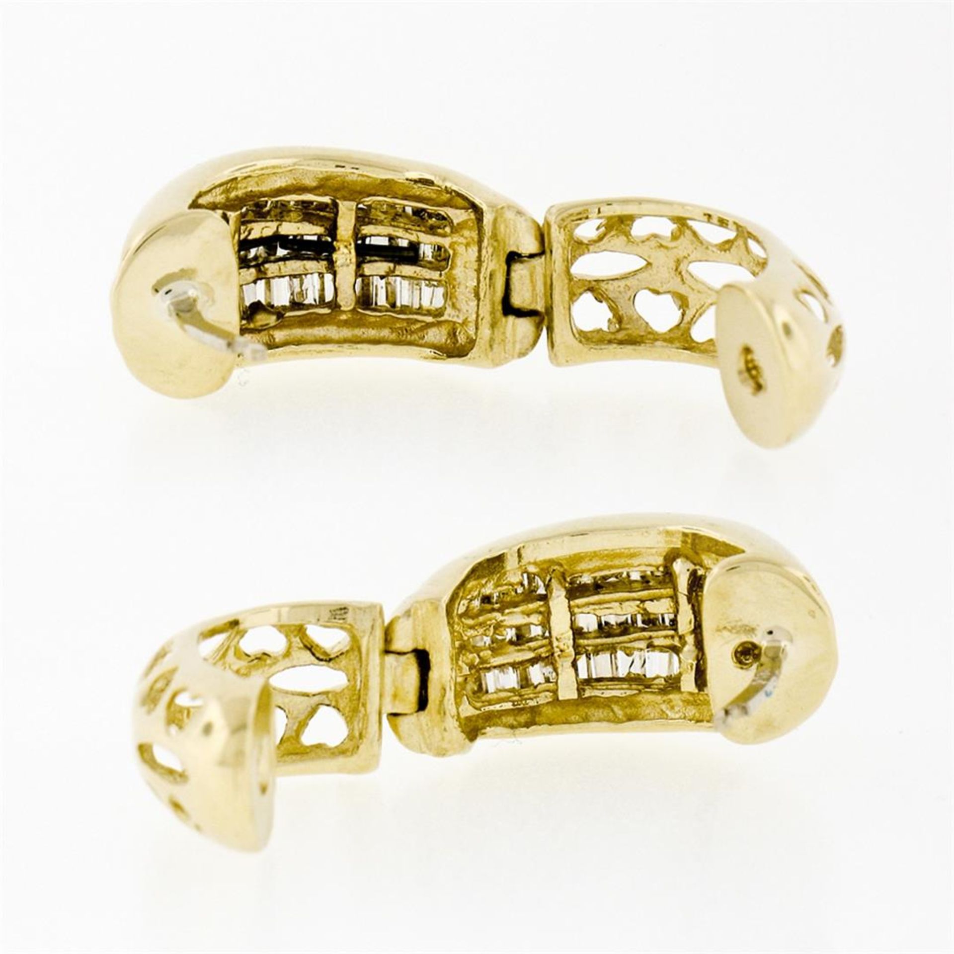 14K Yellow Gold 1.10 ctw 3 Row Channel Baguette Cut Diamond Hoop Huggie Earrings - Image 6 of 6