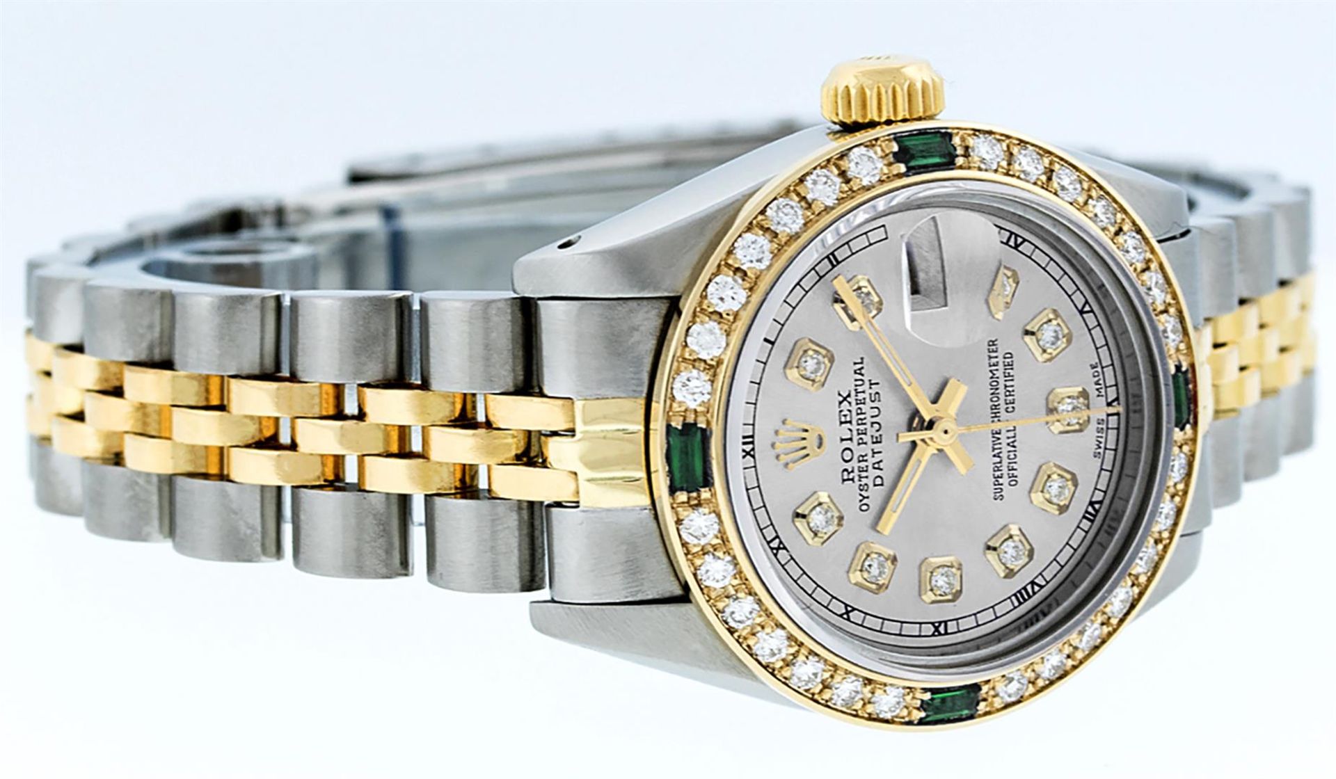 Rolex Ladies 2 Tone Grey Diamond & Emerald 26MM Datejust Wristwatch - Image 3 of 9
