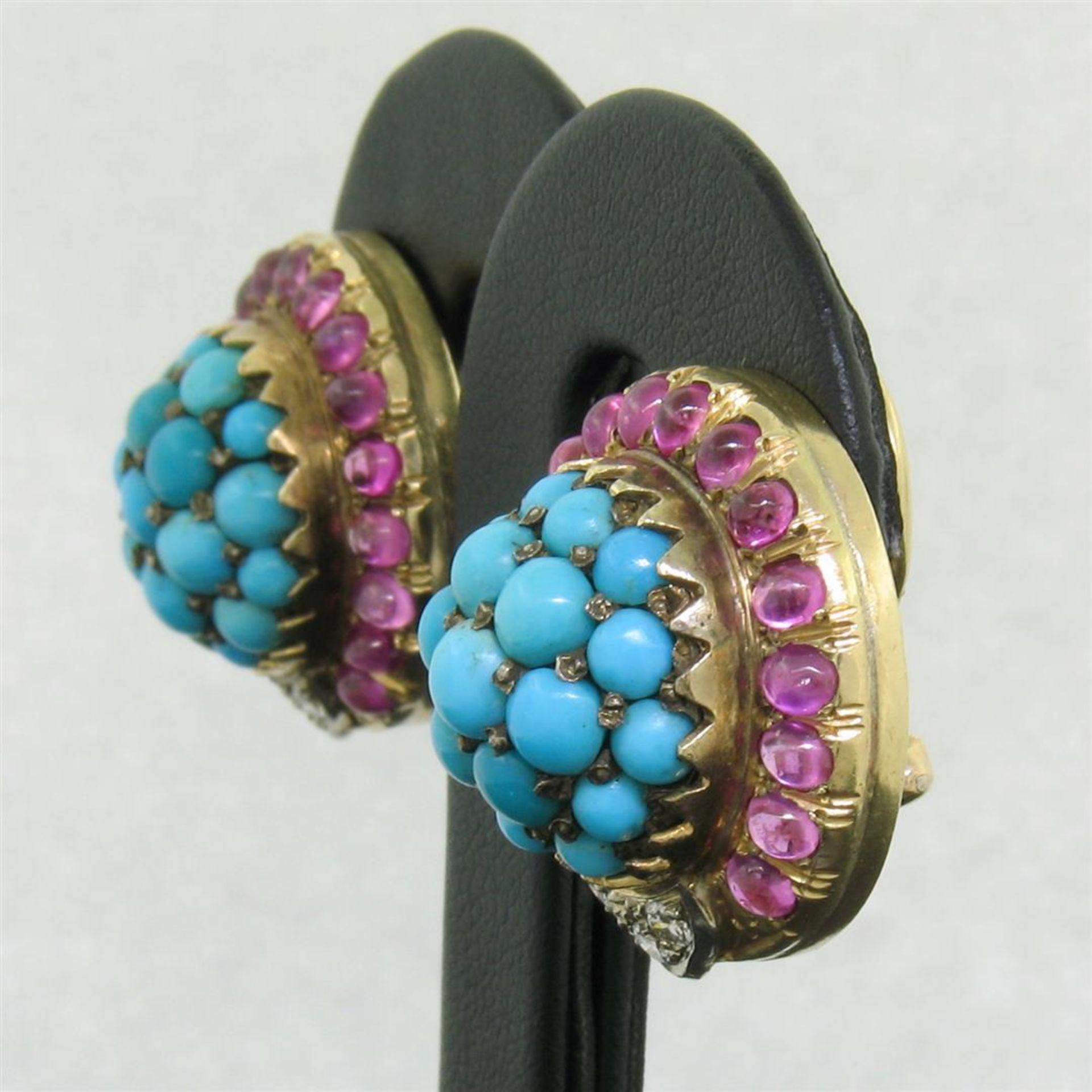 Vintage 14K Yellow Gold 3.56 ctw Turquoise Diamond & Ruby Cluster Button Earring - Image 8 of 9