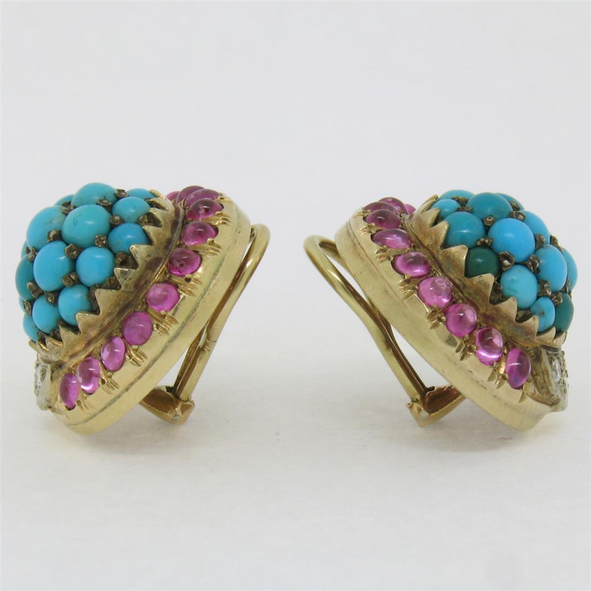 Vintage 14K Yellow Gold 3.56 ctw Turquoise Diamond & Ruby Cluster Button Earring - Image 5 of 9